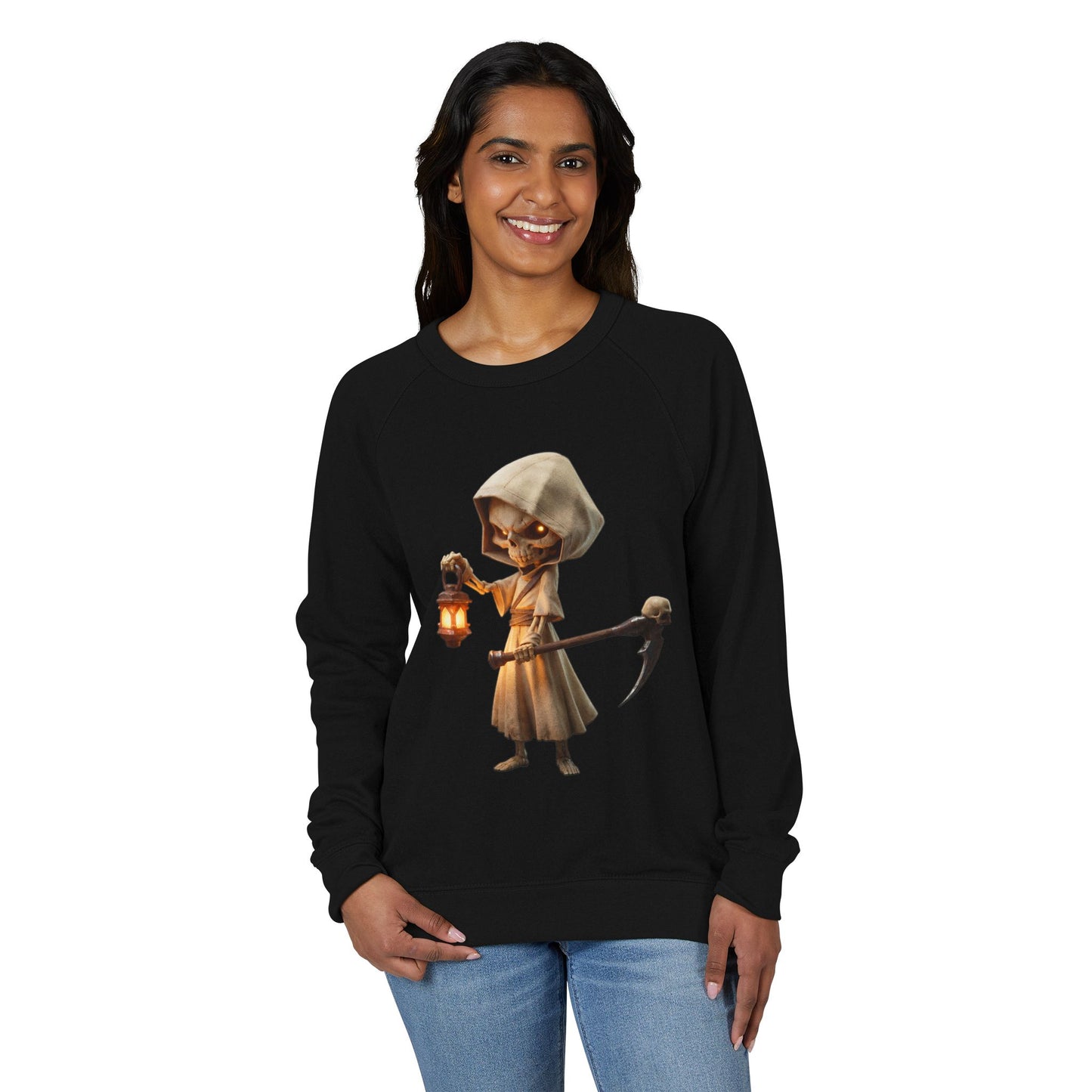 Lantern-Bearing Skeleton Hoodie – Warm Glow Guardian Crewneck