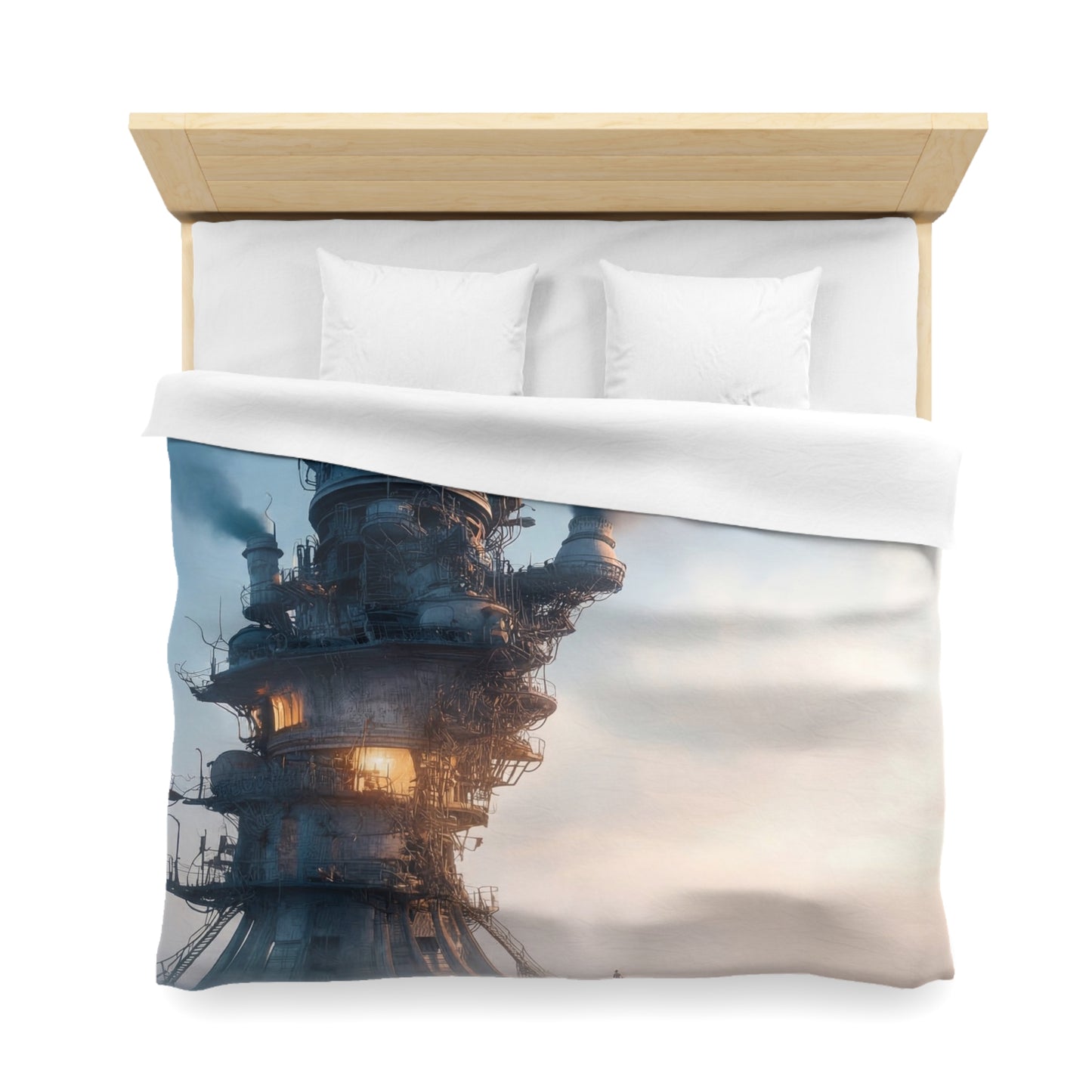 Skyward Steam Tower Microfiber Duvet Cover – A孤独 Sentinel in Dawn’s Hush