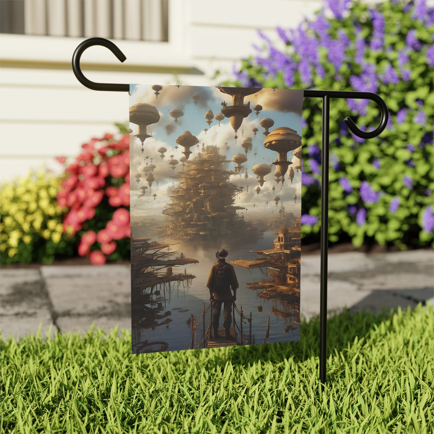 A fantasy-inspired scene featuring floating cities integrated into the Man at Burning Man - Garden & House Banner