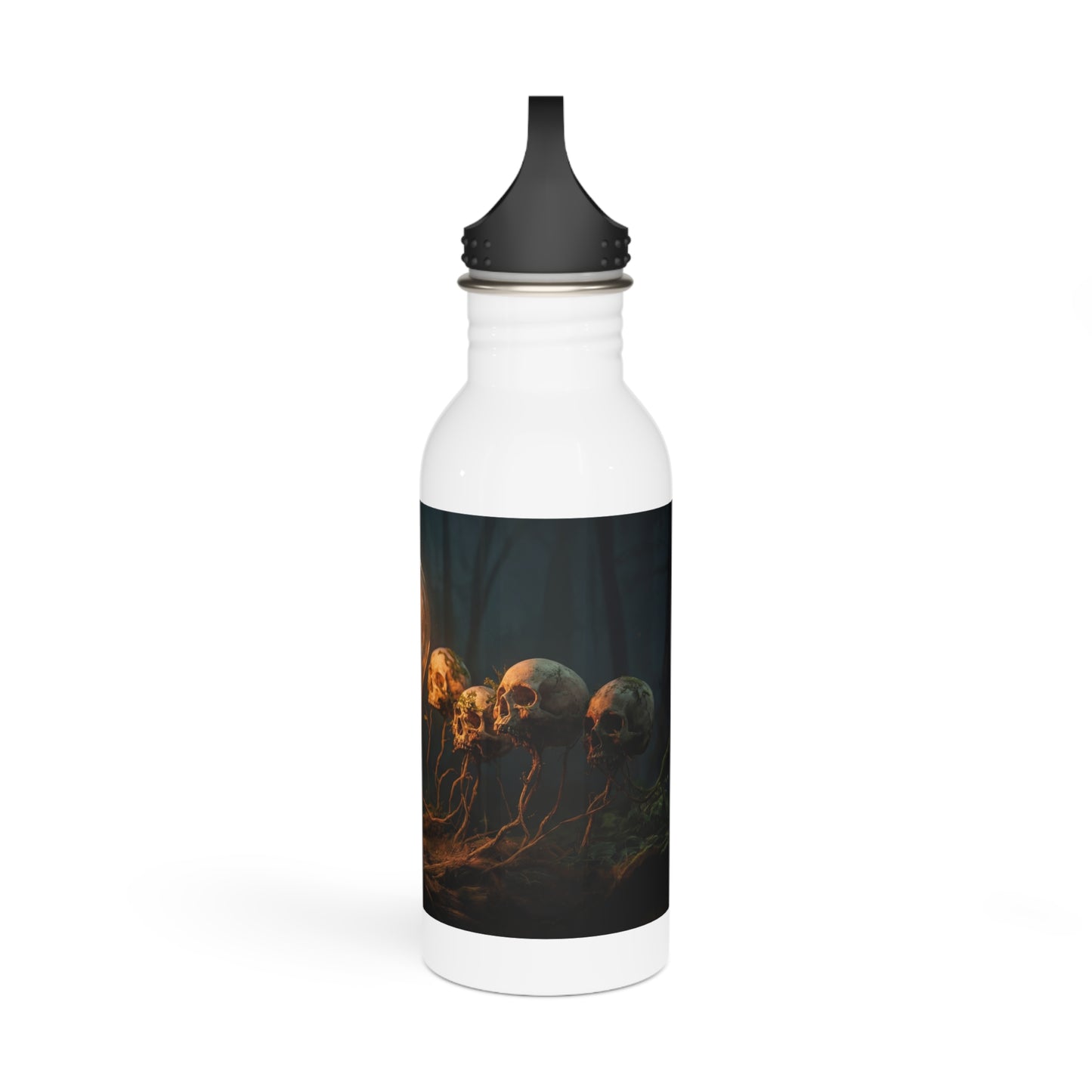 Glowing Lightbulb in Haunted Forest Stainless Steel Water Bottle – Wisdom’s Warm Glow Among the Roots