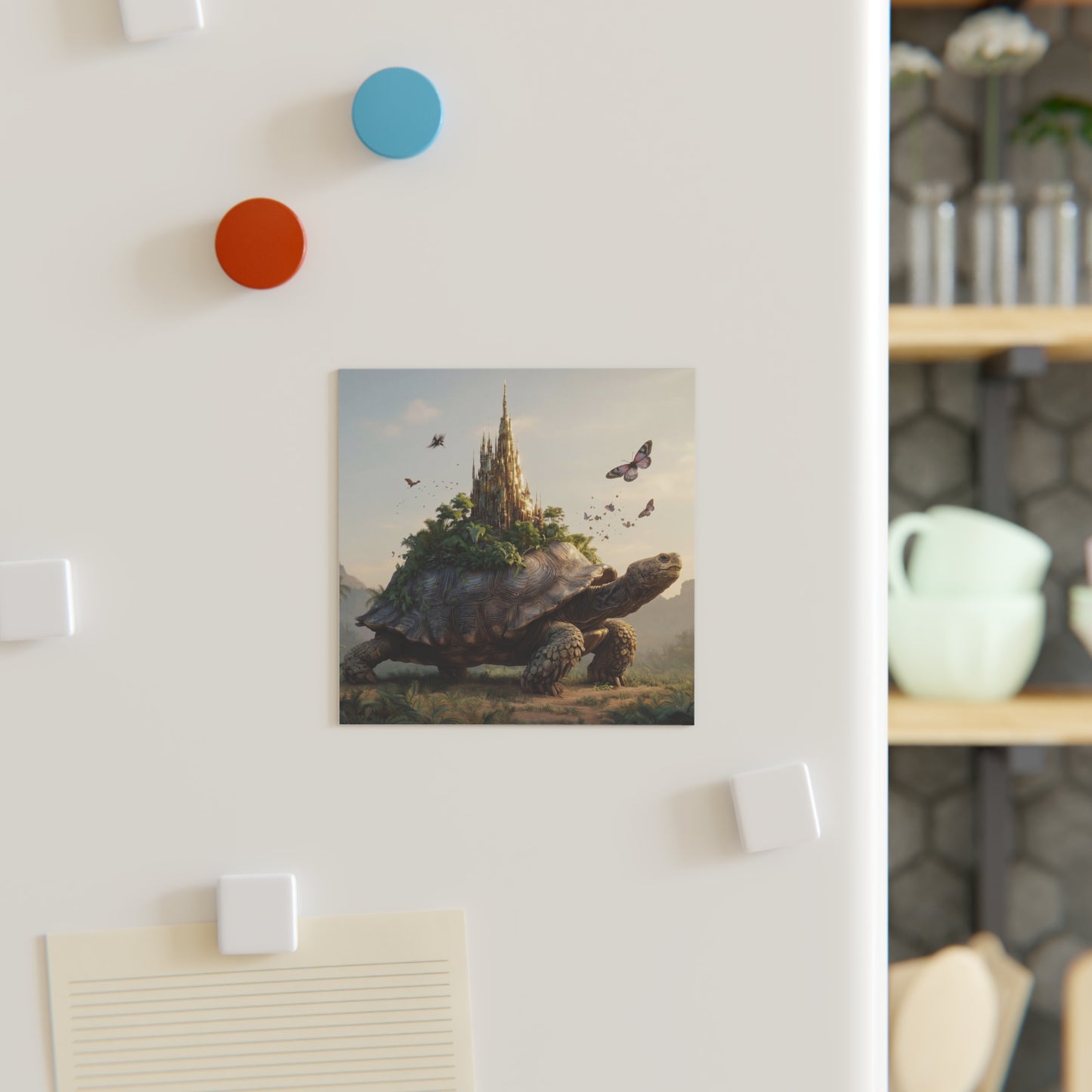 Castle on Turtle Back Square Magnet – Sunlit Fantasy Sanctuary