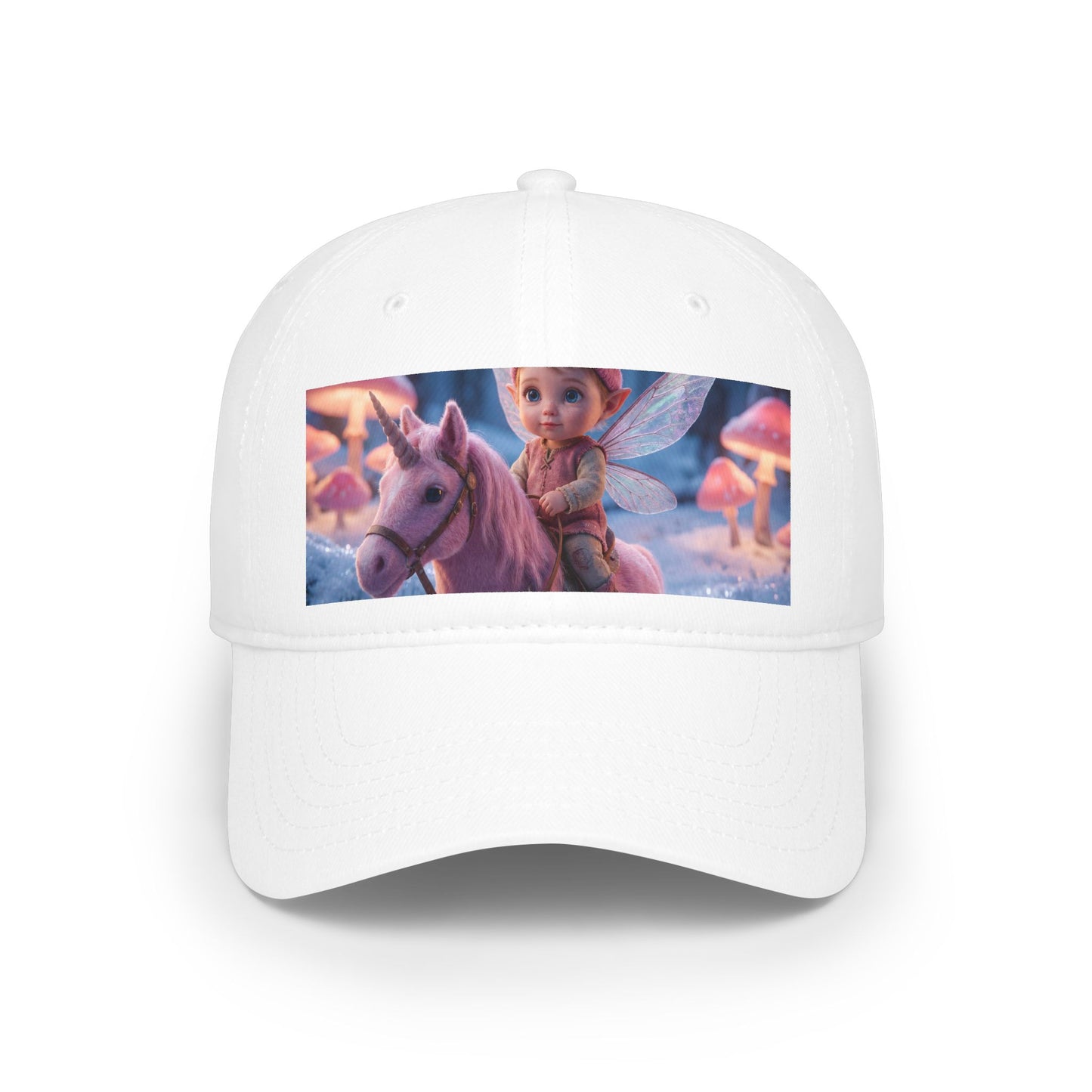 Pink Unicorn Fairy Rider Low Profile Baseball Cap – Winter Moss & Mushroom Forest