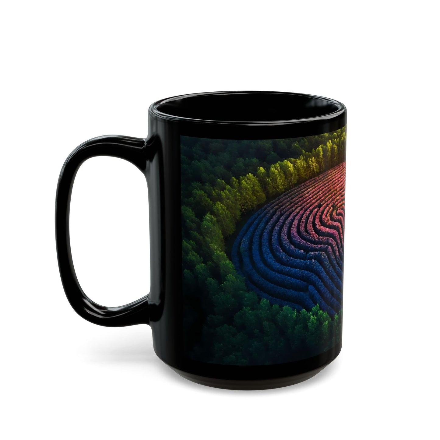Rainbow Labyrinth Mug – Whimsical Floral Maze in Forest Light