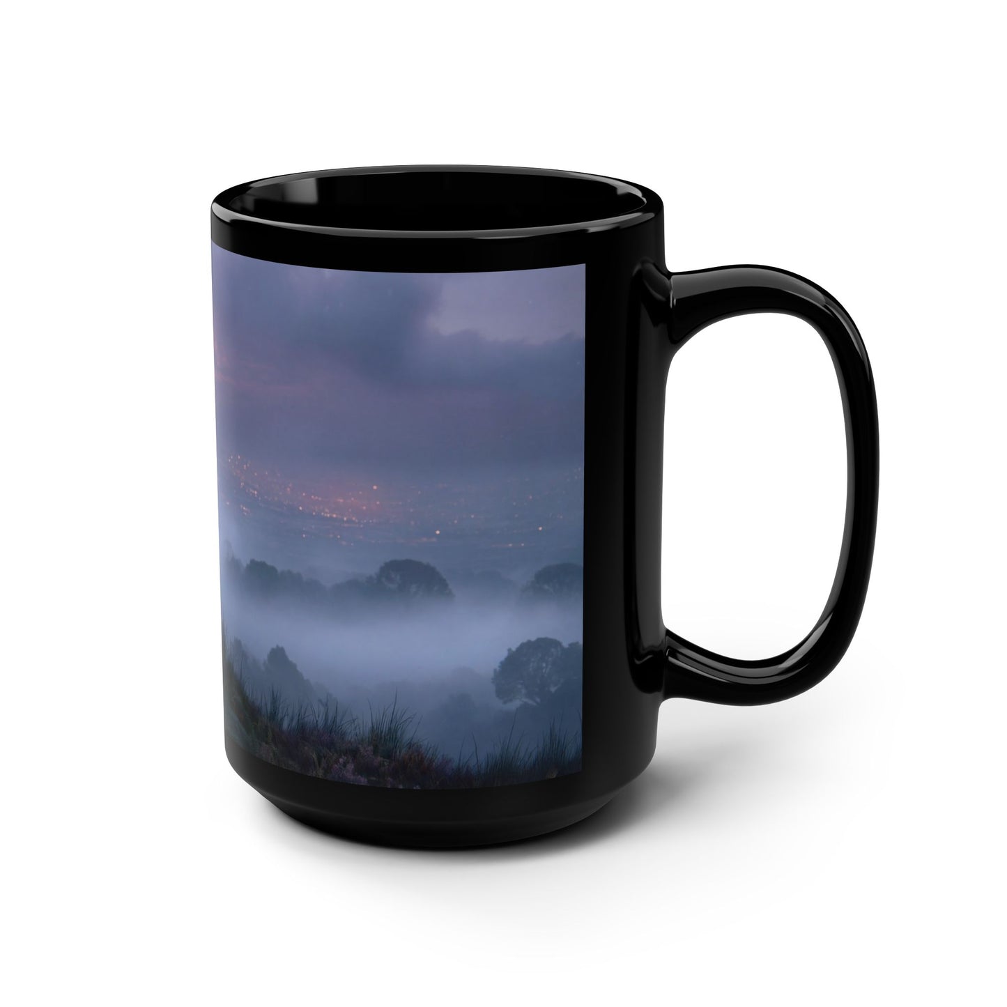 Red-Haired Wanderer Black Mug, 15oz – Twilight Hilltop Moonlit Escape