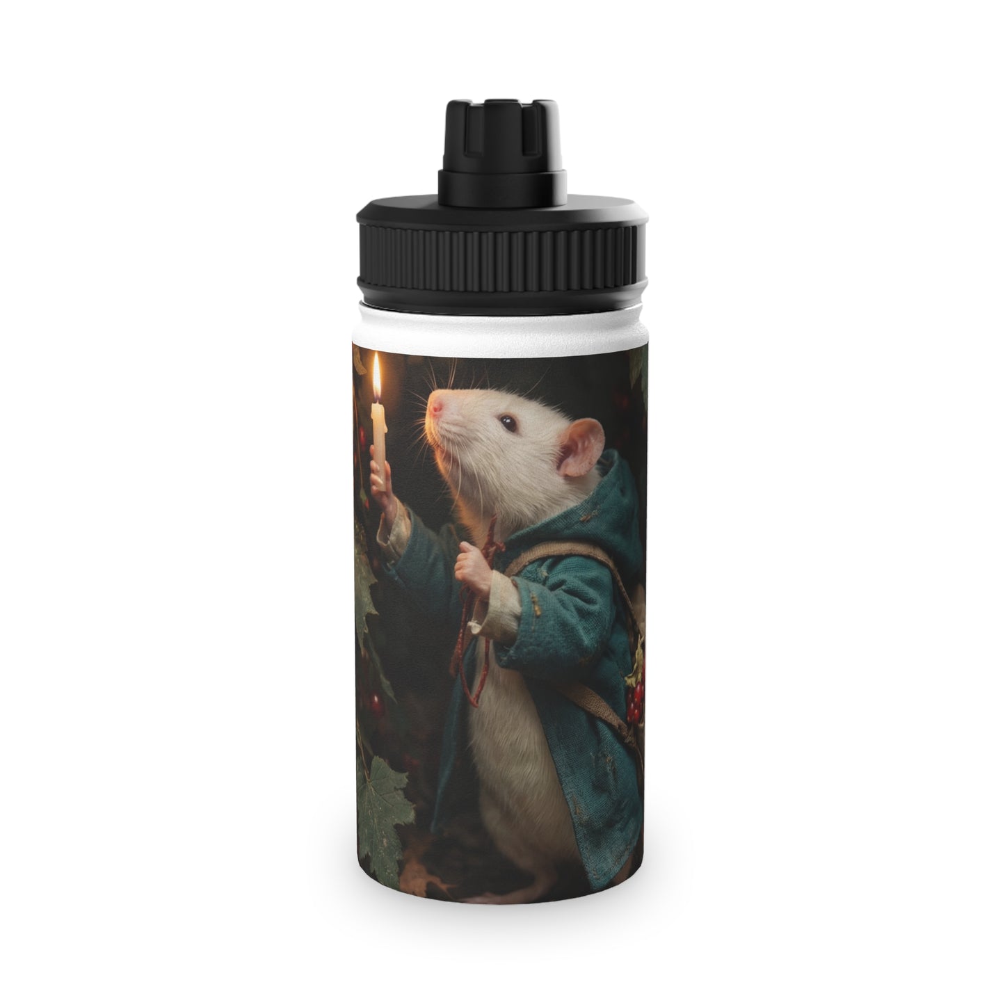 Candlelit Rat Forager Stainless Steel Water Bottle, Sports Lid – Autumn Berry Harvest