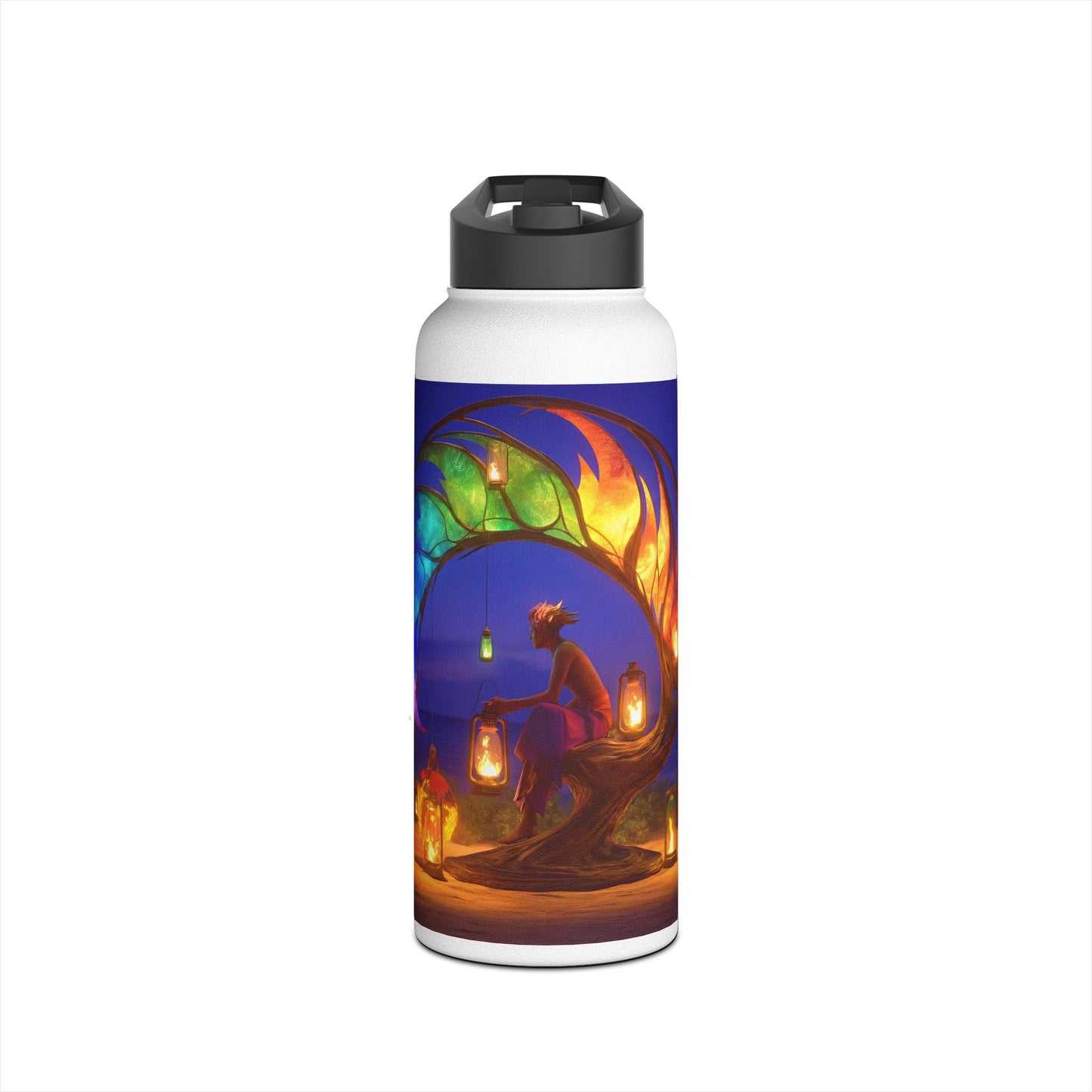 Luminous Phoenix Throne Water Bottle – Sunset Sanctuary with Rainbow Wings