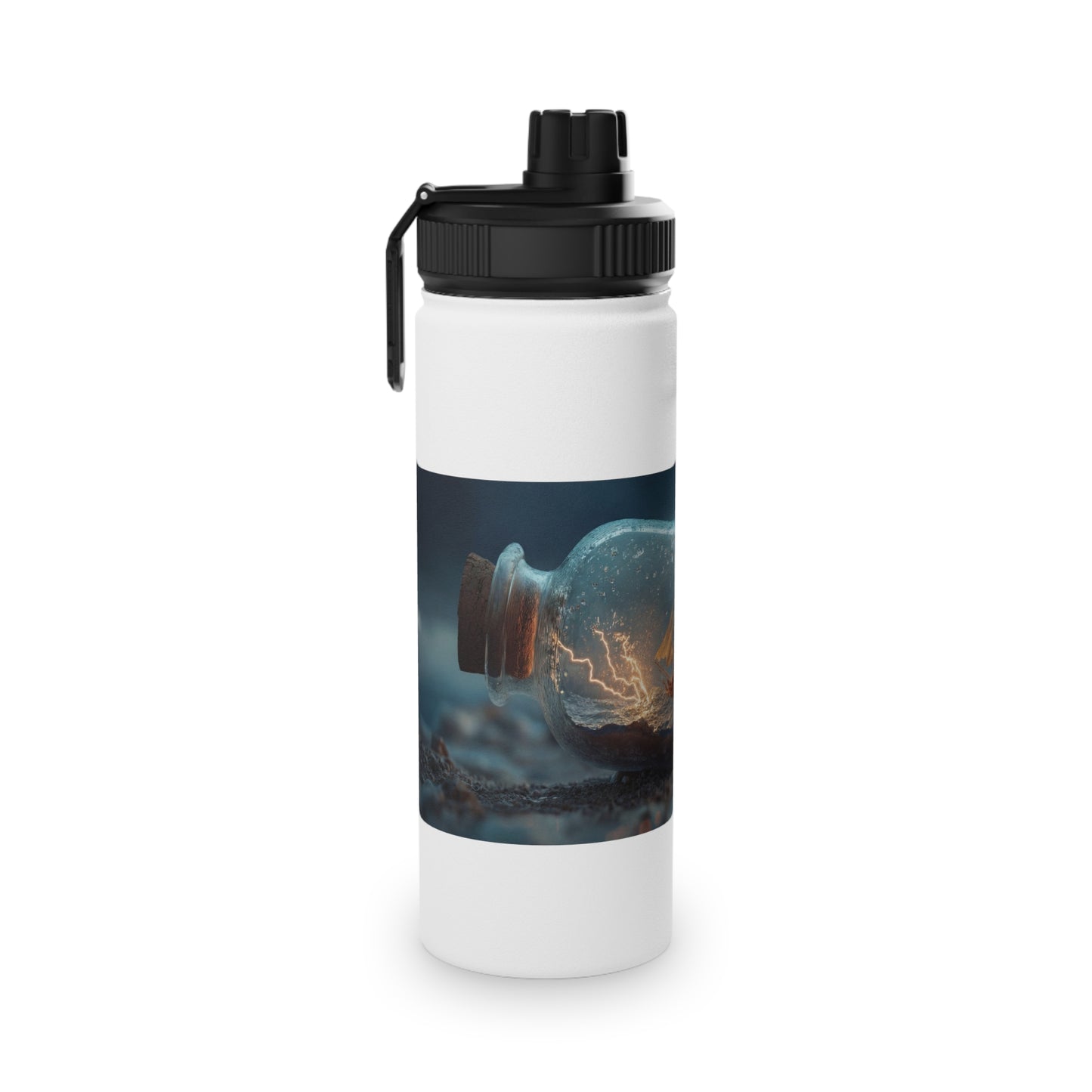 Storm-Sailed Ship in Bottle Stainless Steel Water Bottle, Sports Lid – Captured Tempest at Sea