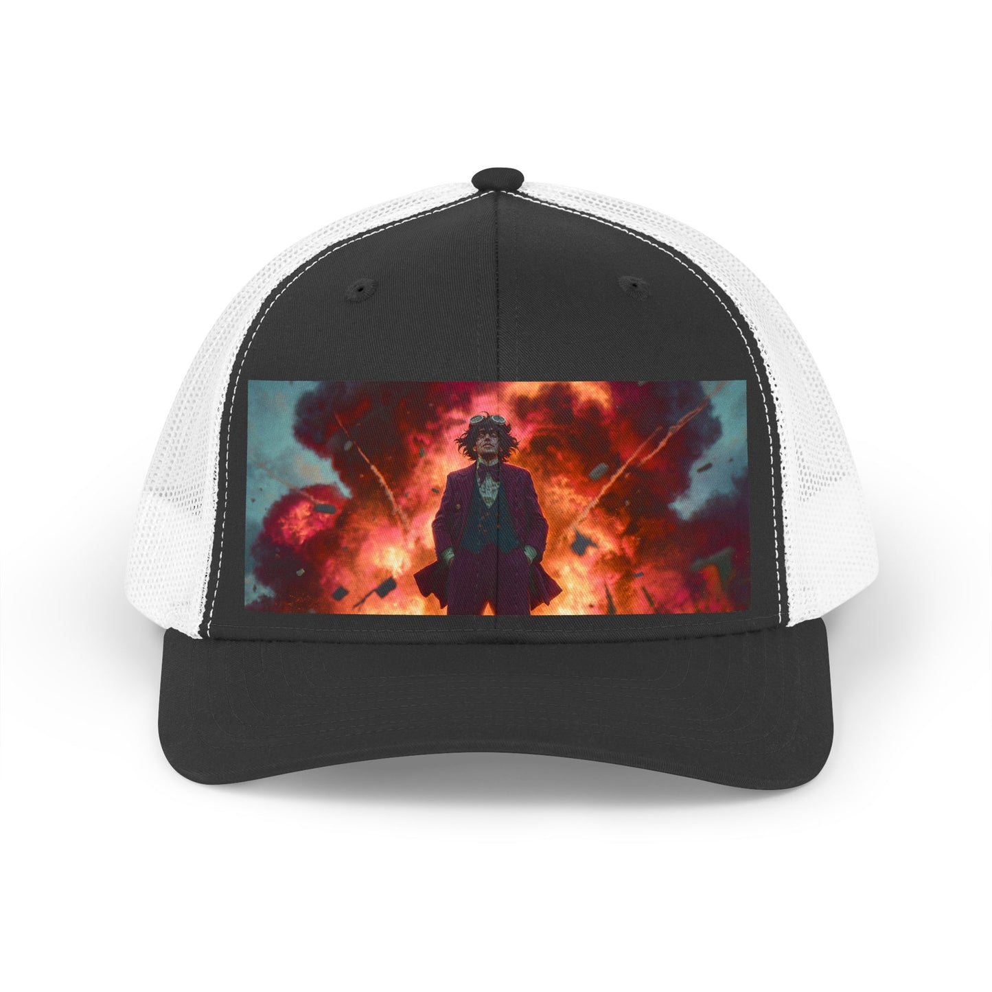 Explosive Vignette Trucker Retro Hat – Crimson Pinstripe Sentinel