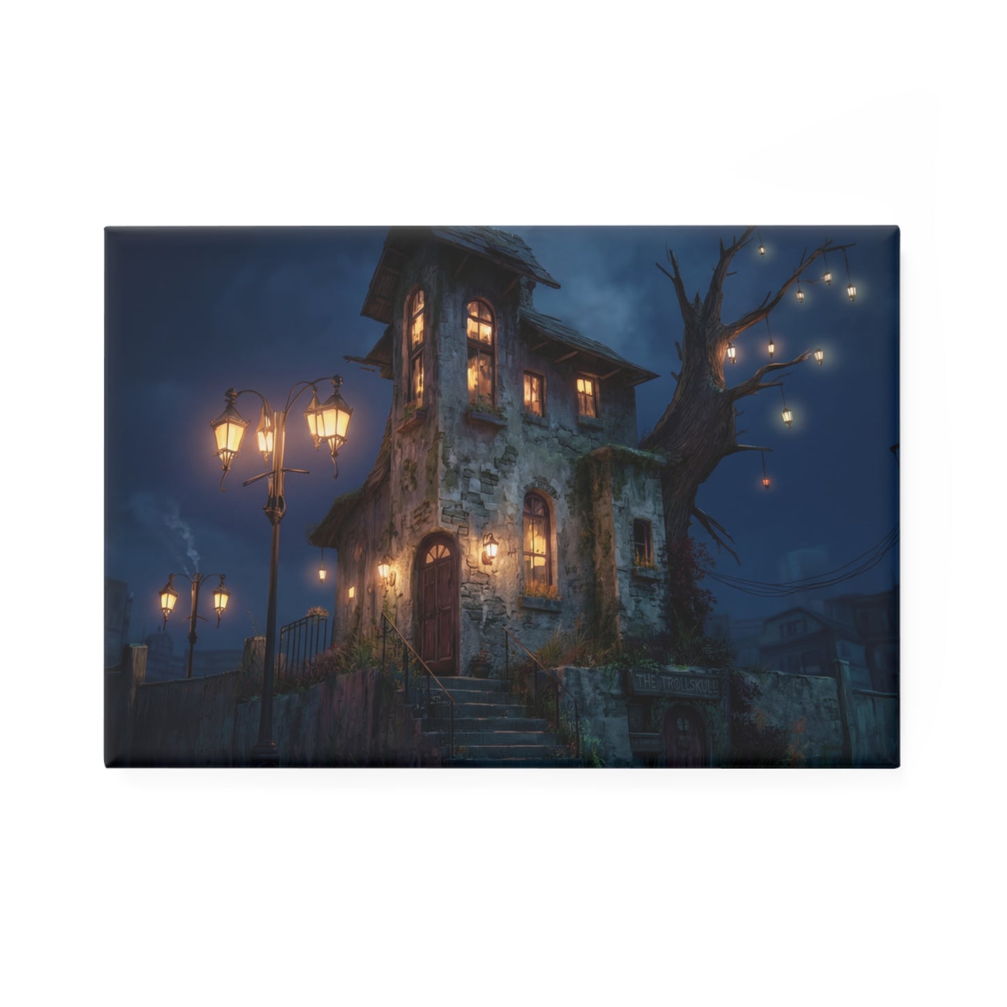 The Trollskull Inn Button Magnet, Rectangle (1 & 10 pcs) – Warm Light in a Gnarled World