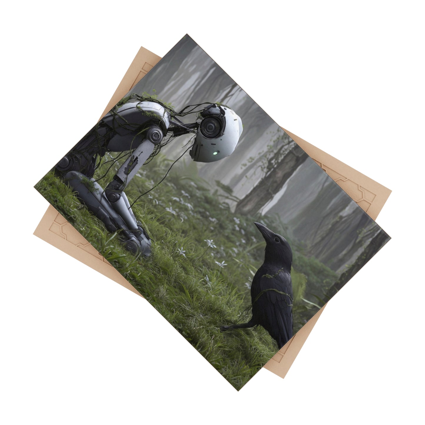 Forest Oracle Ceramic Photo Tile – Rustic Robot and Raven Dialogue