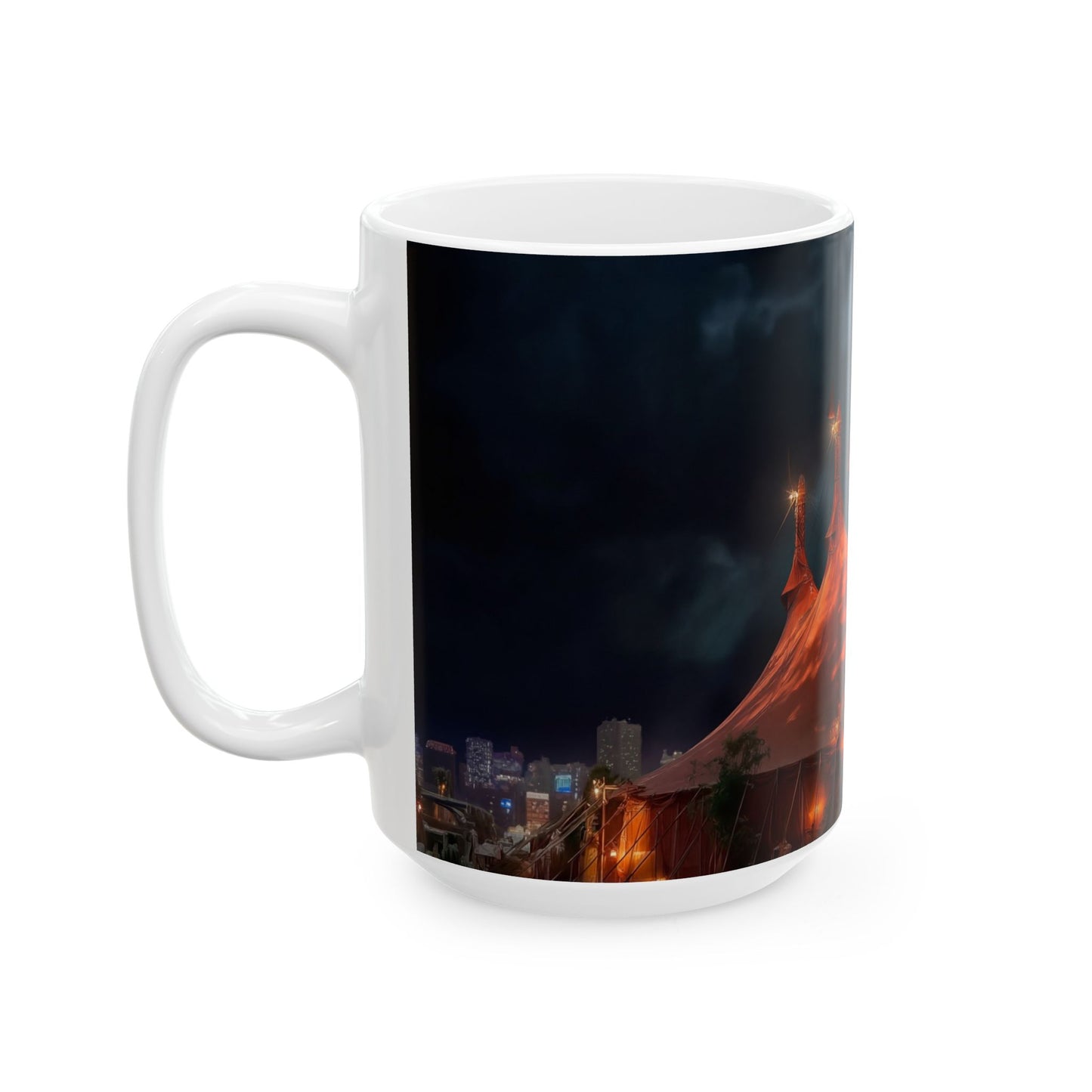 Crimson Circus Tent Ceramic Mug – Midnight Carnival Dreamscape