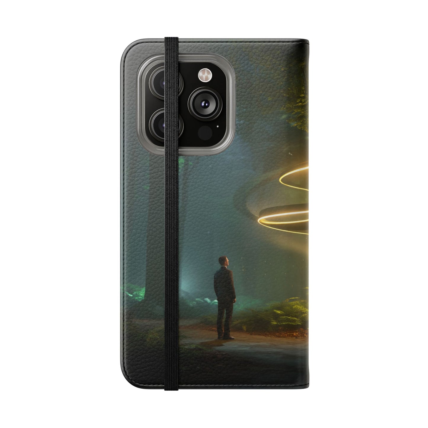 Luminous Spiral Forest Flip Cases – Golden Light Rings Mystery Scene