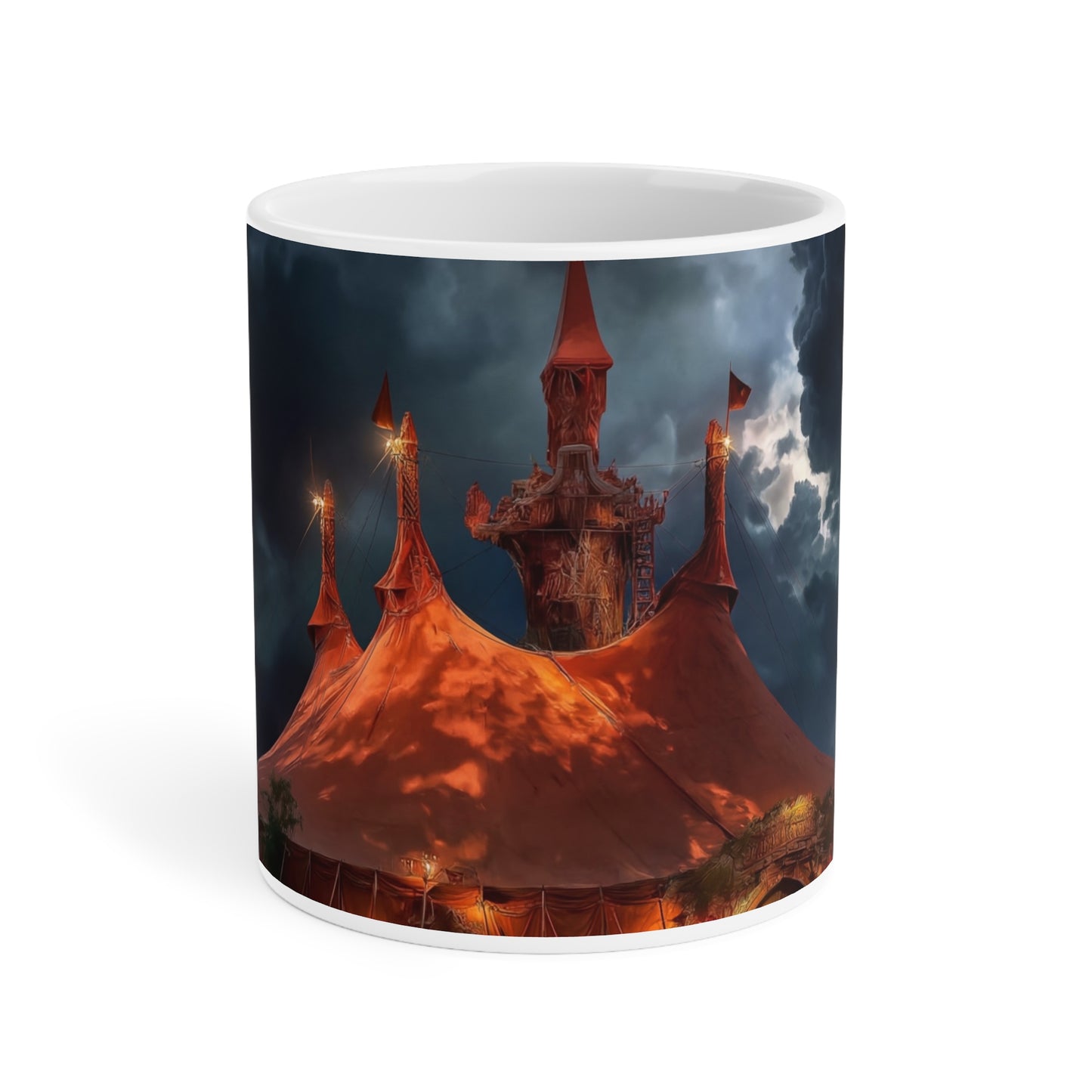 Crimson Circus Tent Mugs – Neon Nightscape Under Stormy Skies