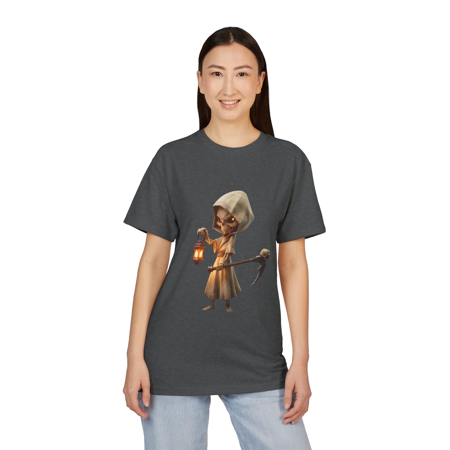 Lantern-Bearing Skeleton Sentinel Unisex Sueded T-Shirt – Gentle Guardian with Skull-Top Scythe and Warm Glow