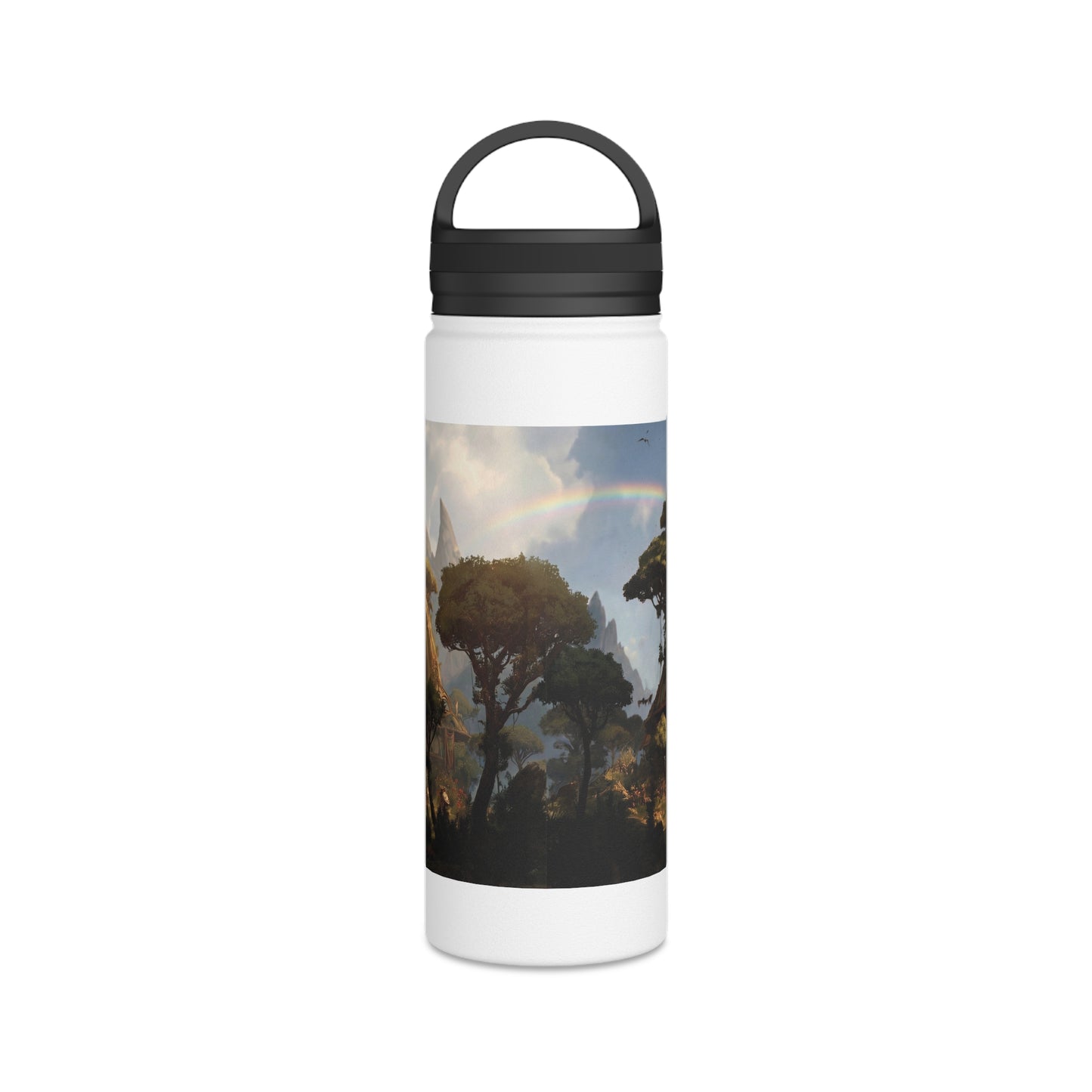 Arcane Grove Gateway Water Bottle – Handle Lid – Twin Rainbows Over Ancient Tree Citadel