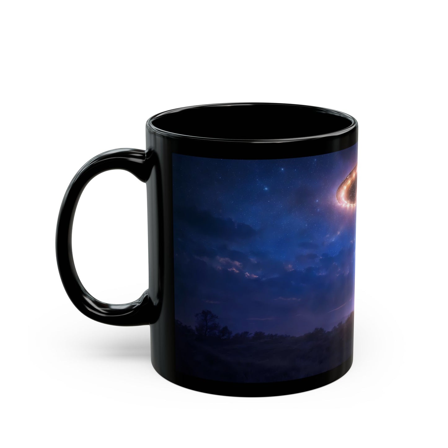 UFO Encounter Black Mug – Celestial Beam & Silhouette Nightscape