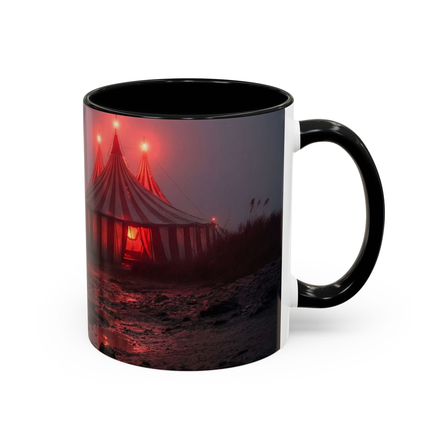 Crimson Circus Tent Accent Coffee Mug (11, 15oz) – Fog-Drenched Midnight Wonder