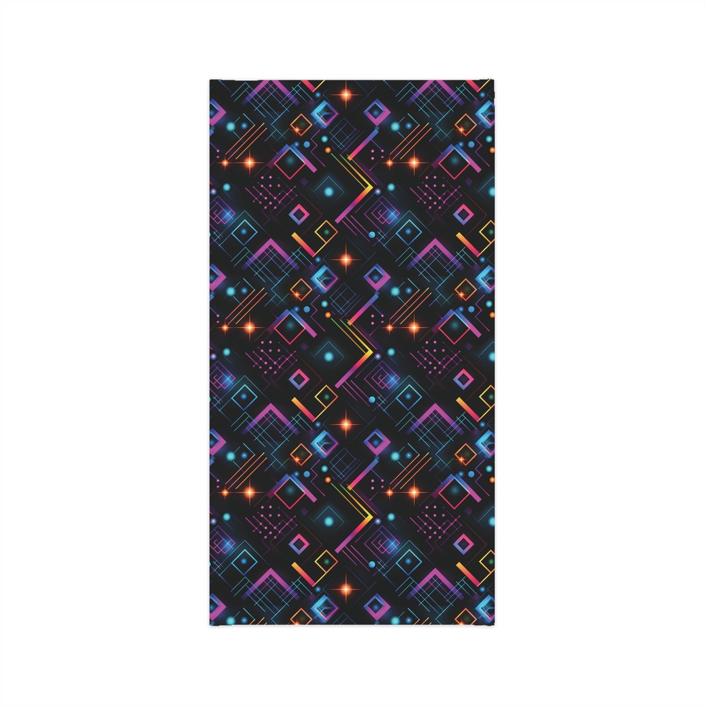 "A tiling pattern of abstract geometric shapes in neon colors with laser beam accents on a black background" - Lightweight Neck Gaiter