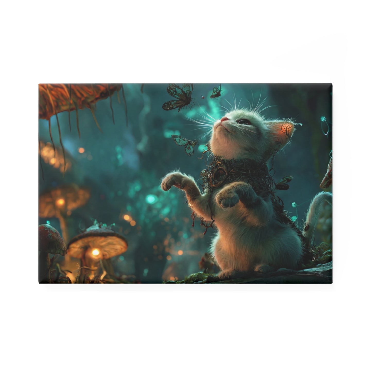 Whimsical Forest Kitten Magnet – Butterflies & Bioluminescent Mushrooms