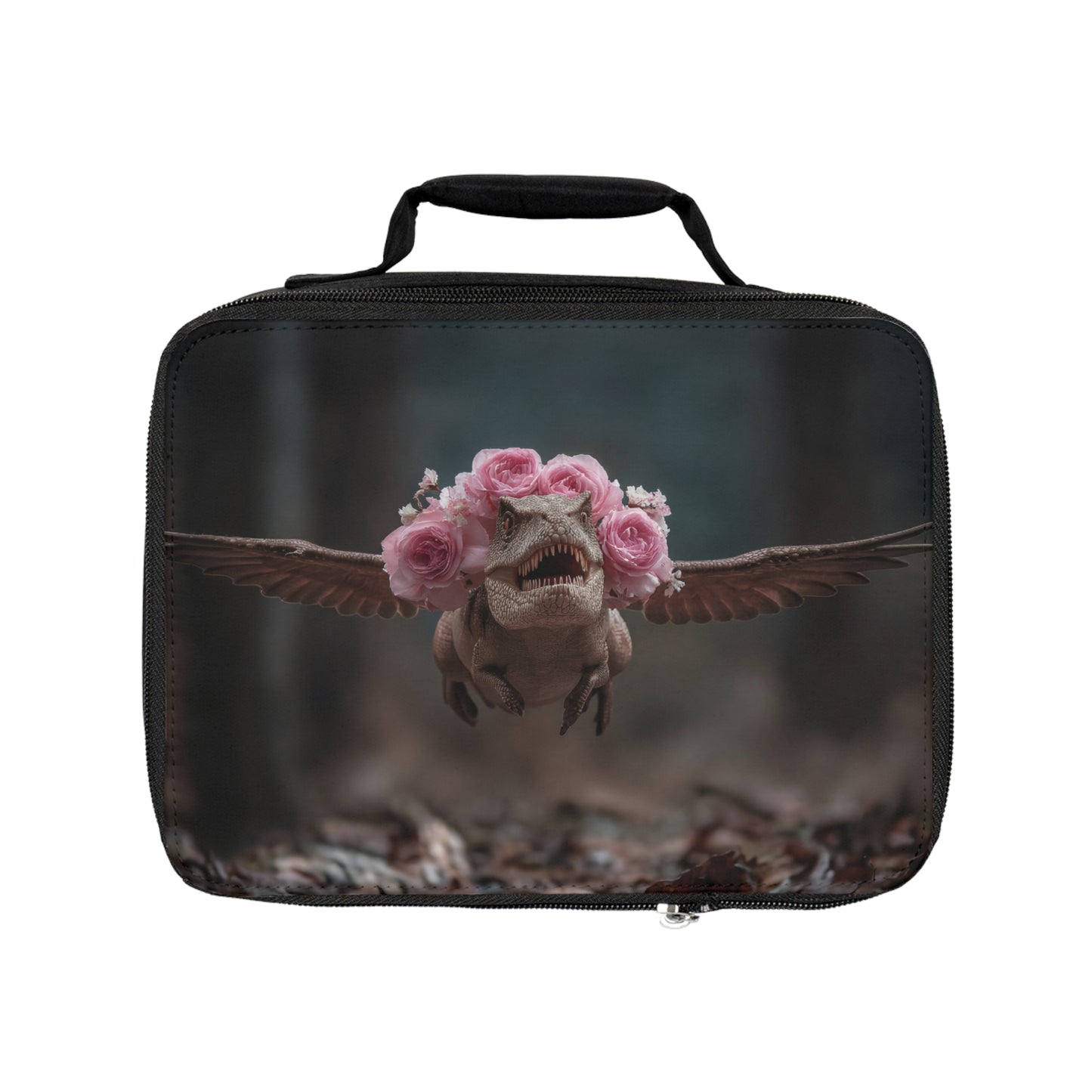 Rose-Crowned Tyrannosaur Lunch Bag – Forest Flight with Floral Fury
