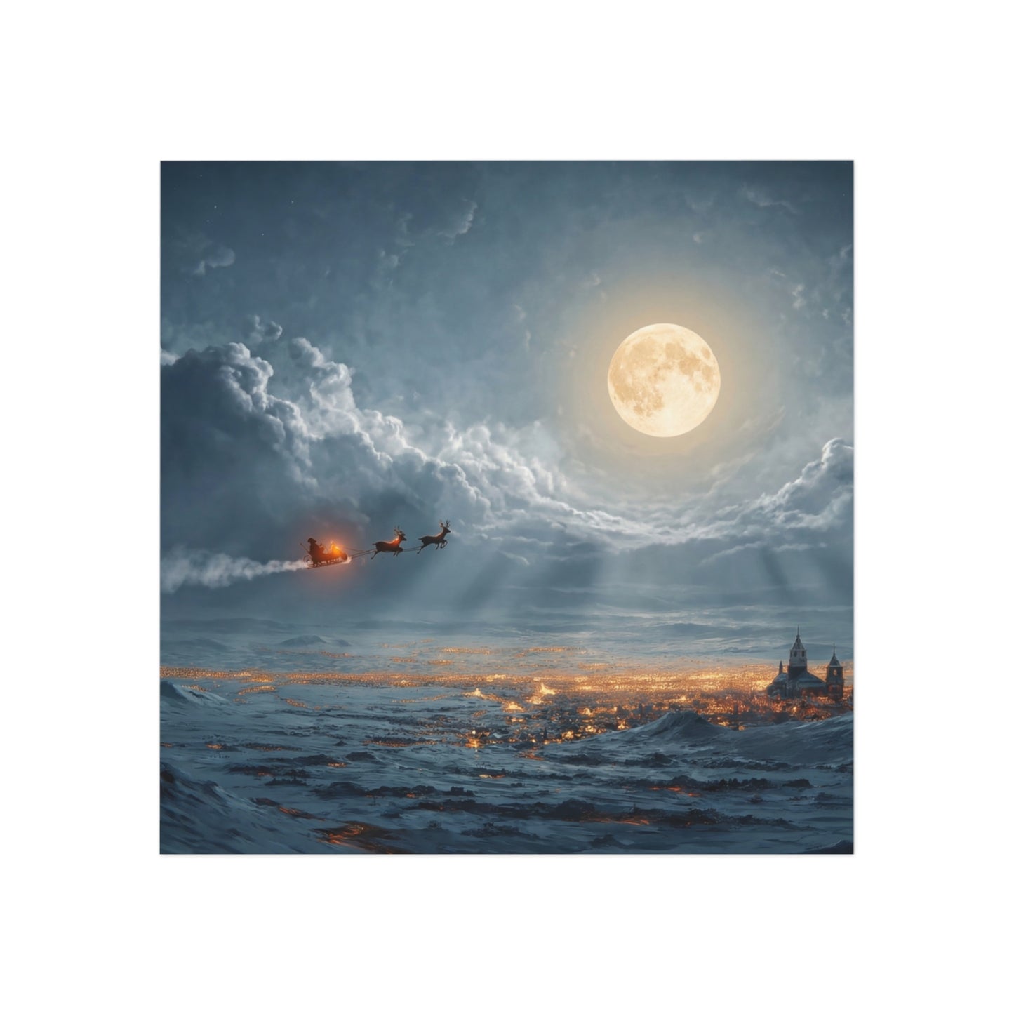 Lunar Sleigh Ride Square Magnet – Midnight Frost Over Snow-Covered Town