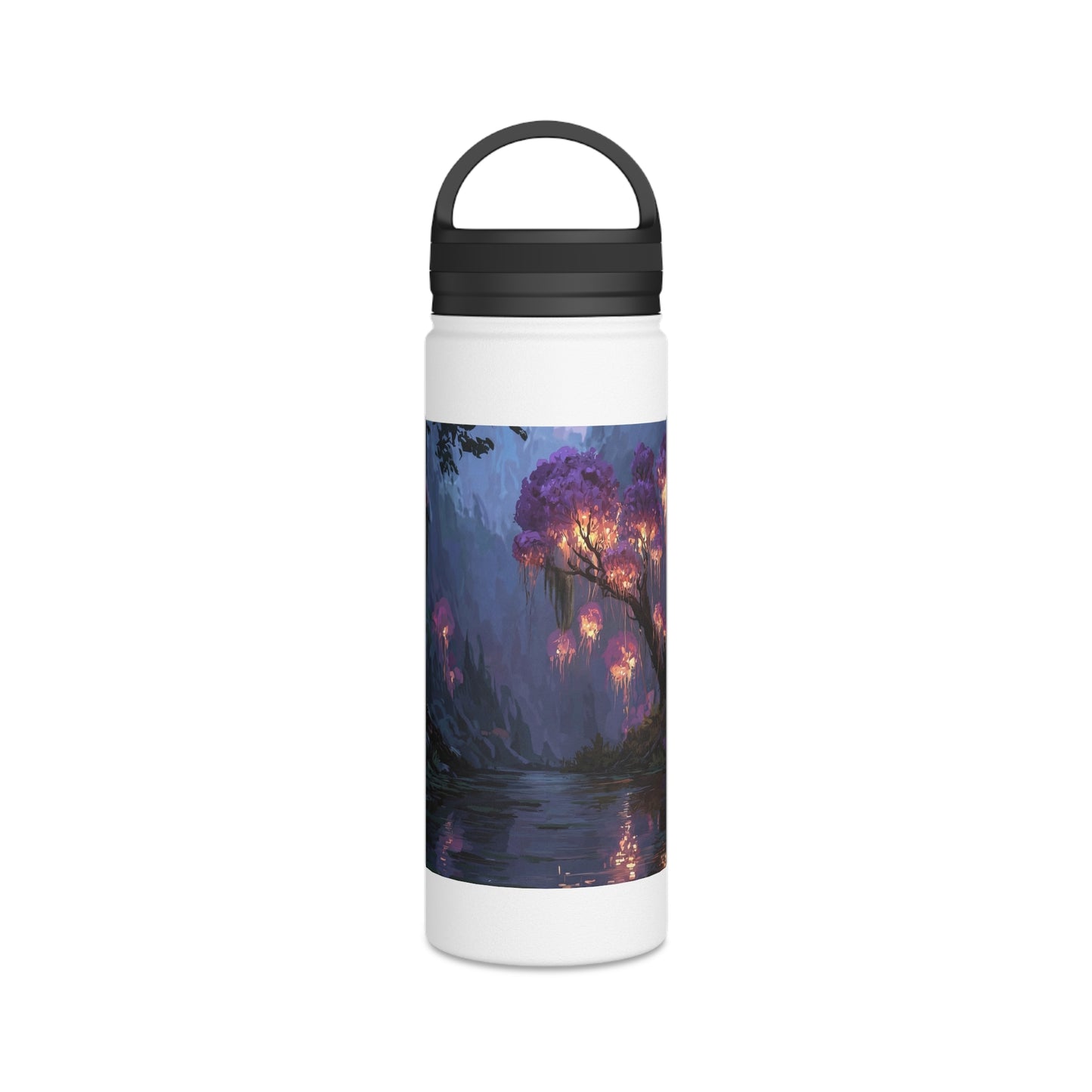 Bioluminescent Grove Stainless Steel Water Bottle, Handle Lid – Twilight’s Whispering Waterscape