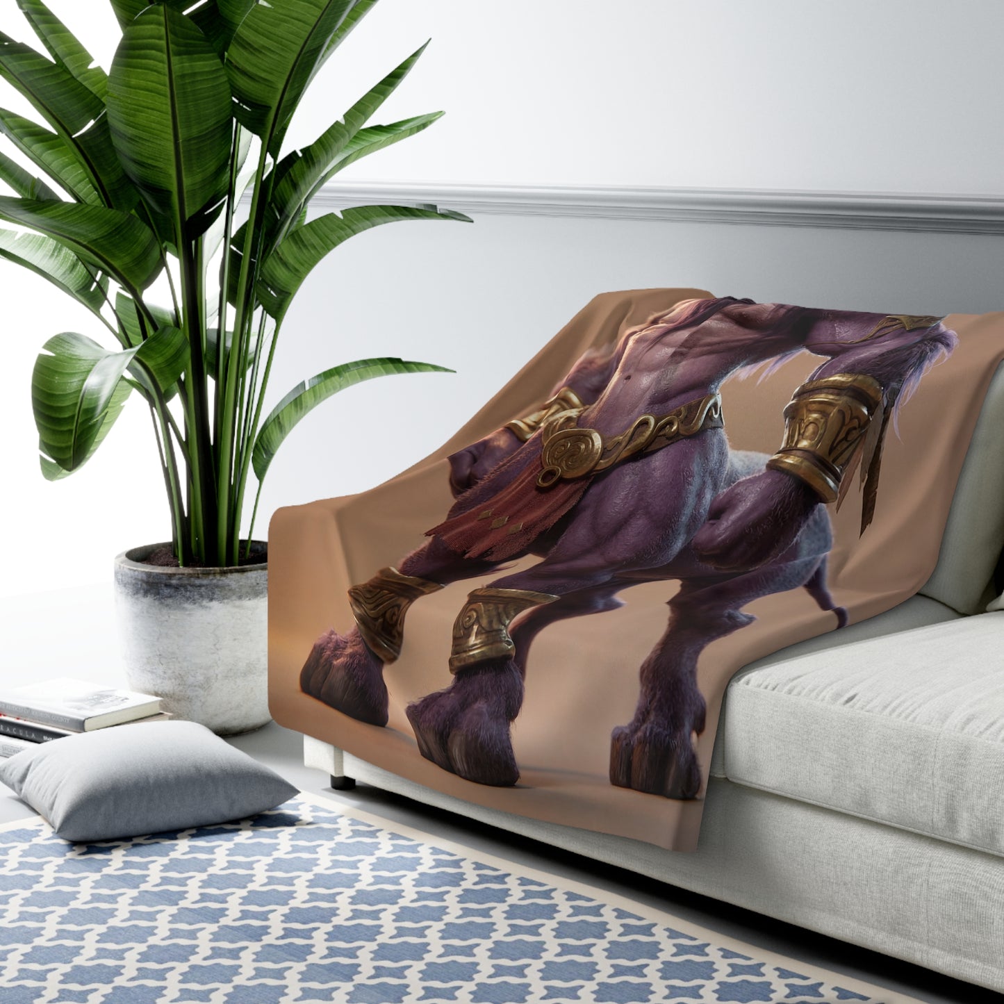 Horned Centaur Sherpa Fleece Blanket – Purple Guardian with Golden Armor