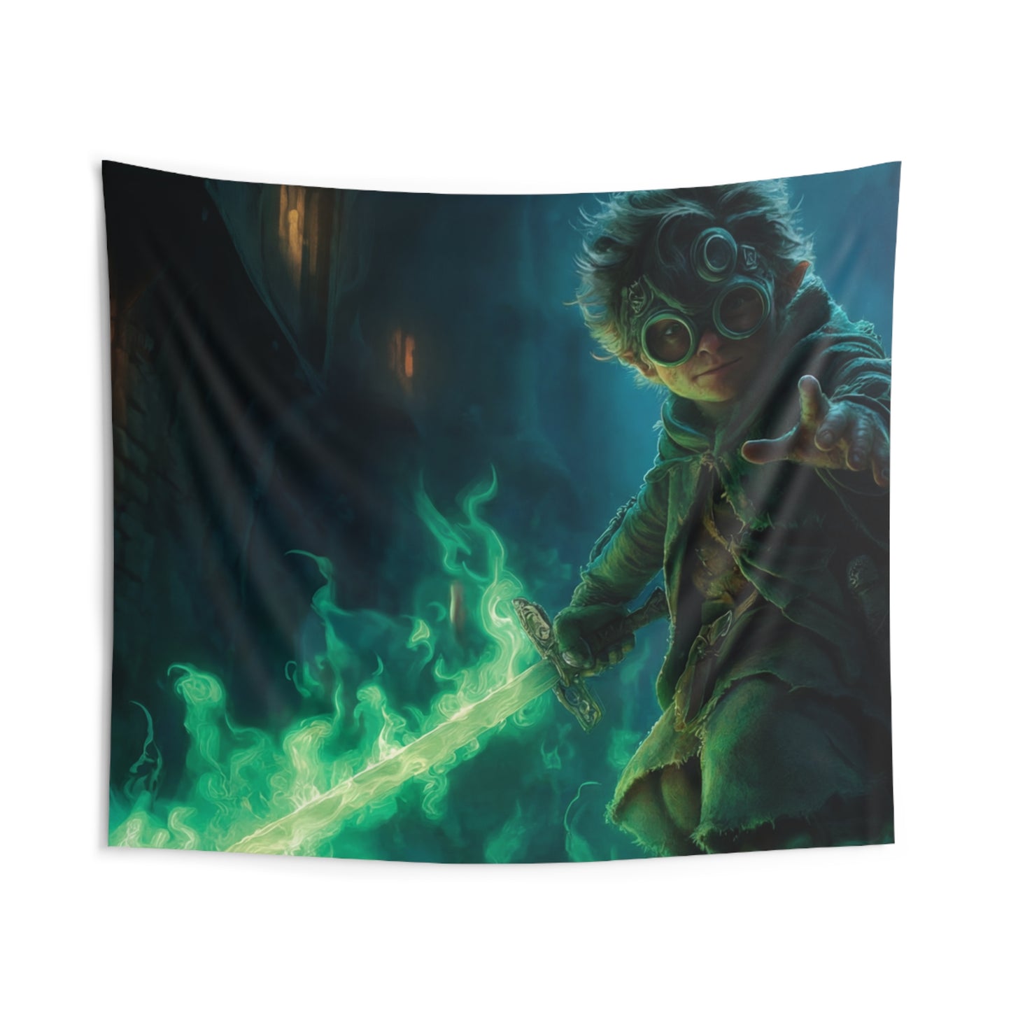 Green-Eyed Mage with Glowing Sword Indoor Wall Tapestries – Midnight Alley Adventure