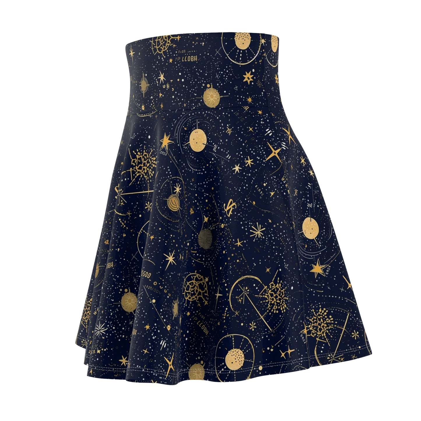 "A detailed star map pattern with constellations interconnected by delicate lines, using a color palette of deep indigo, midnight blue, and accents of silver and gold." - Women's Skater Skirt