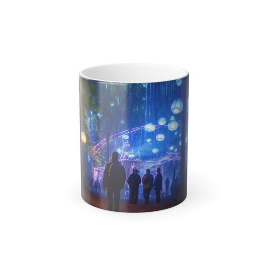 "A cyberpunk vision of the Oregon Country Fair, where neon lights illuminate the path, holographic performers entertain the crowd, and the merry blend of tradition and technology creates an enthralling spectacle." - Color Morphing Mug, 11oz