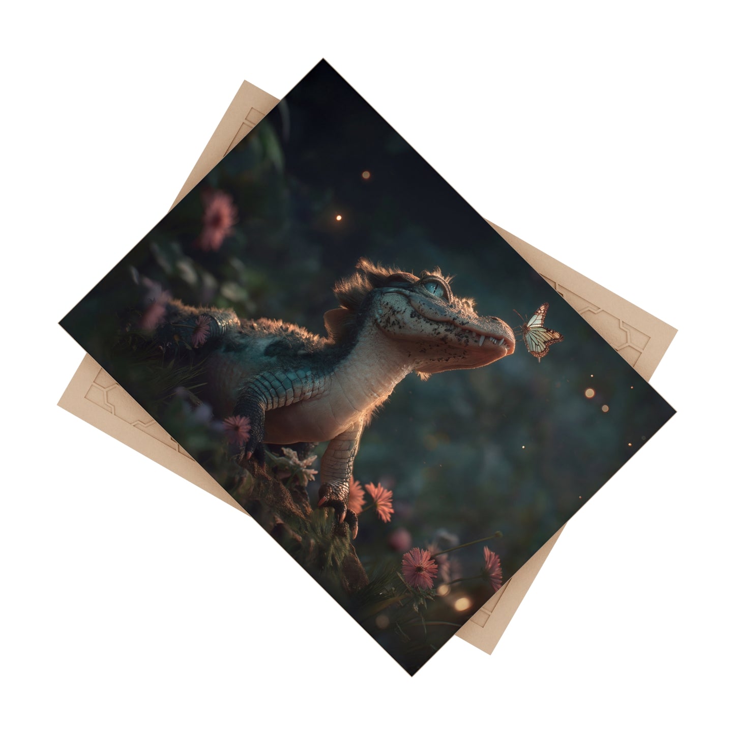 Gentle Crocodile and Butterfly Ceramic Photo Tile – Twilight Garden Whispers