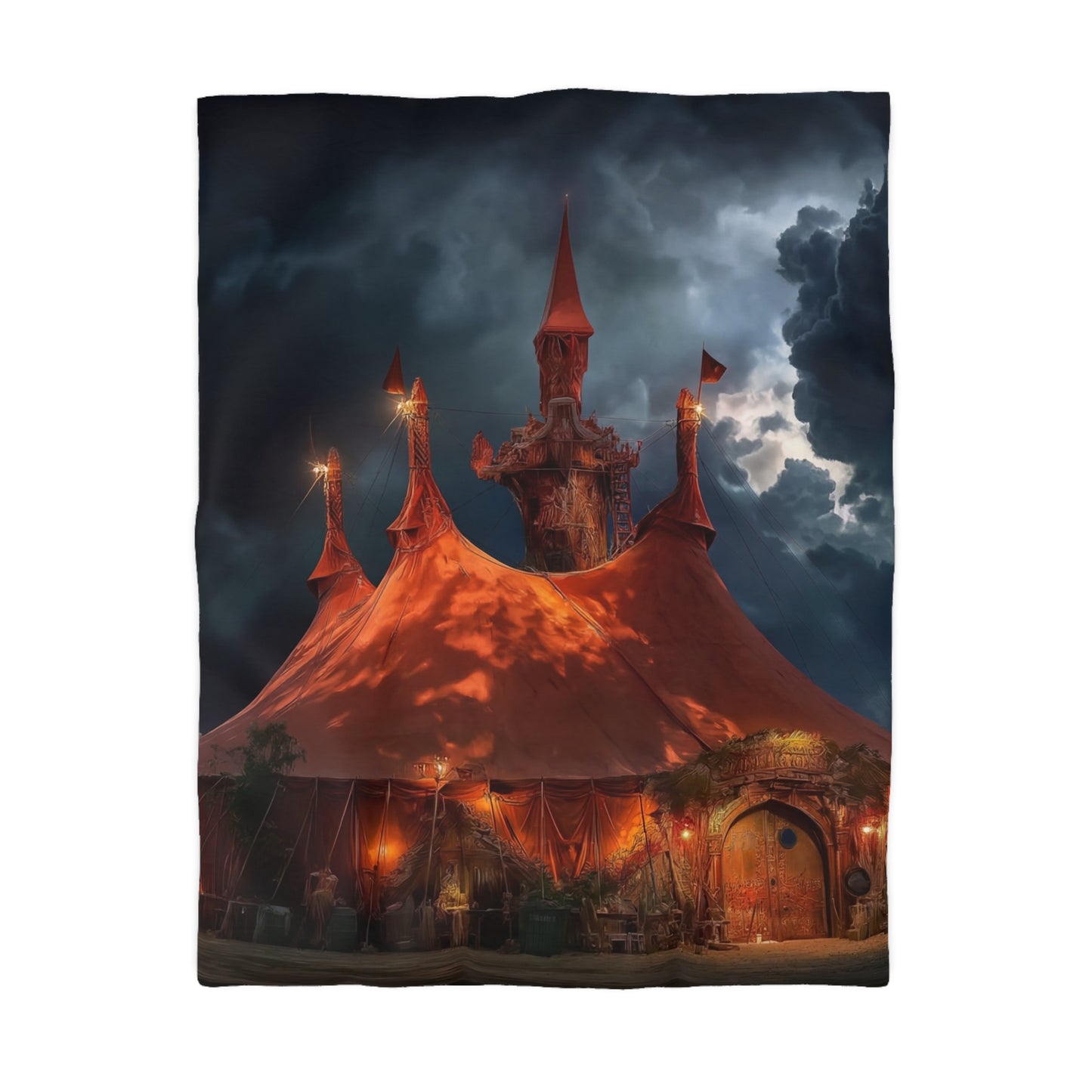 Crimson Carnival Tent Duvet Cover – City Lights Under Stormy Skies