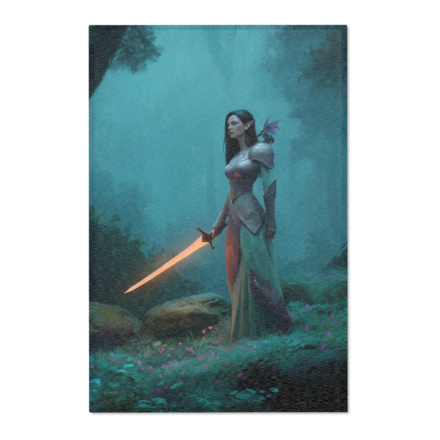 Elven Sentinel Area Rug – Twilight Grove with Glowing Blade