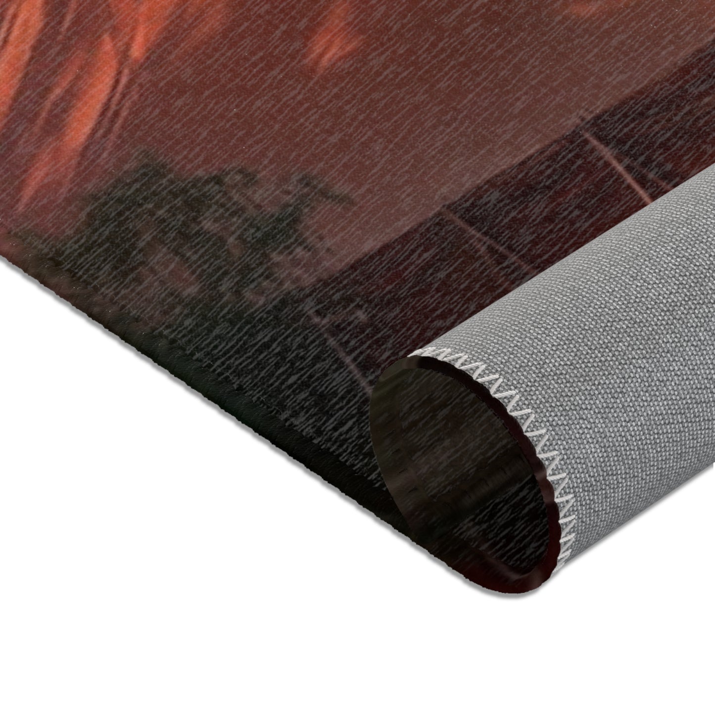 Crimson Carnival Tent Rug – City Skyline Under Thunderous Canopy