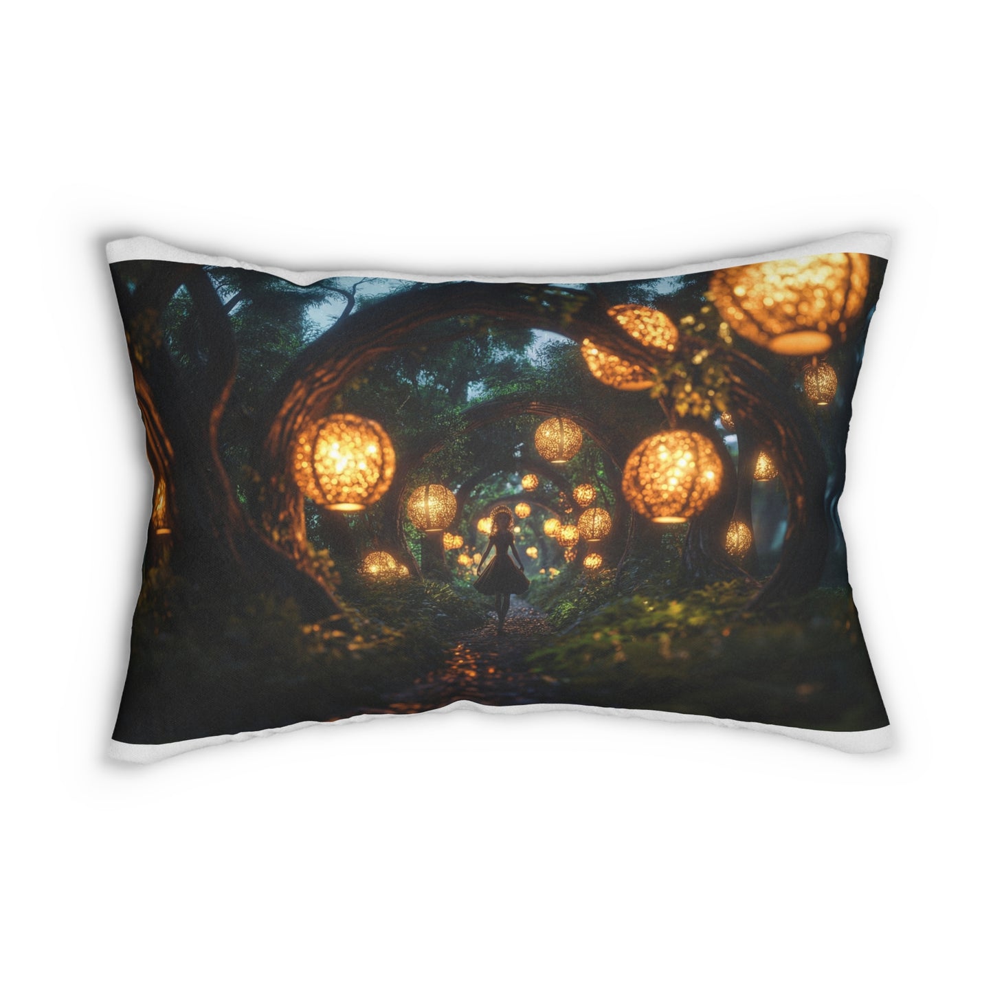 Luminous Forest Path Spun Polyester Lumbar Pillow – Warm Lanterns Guide Your Way
