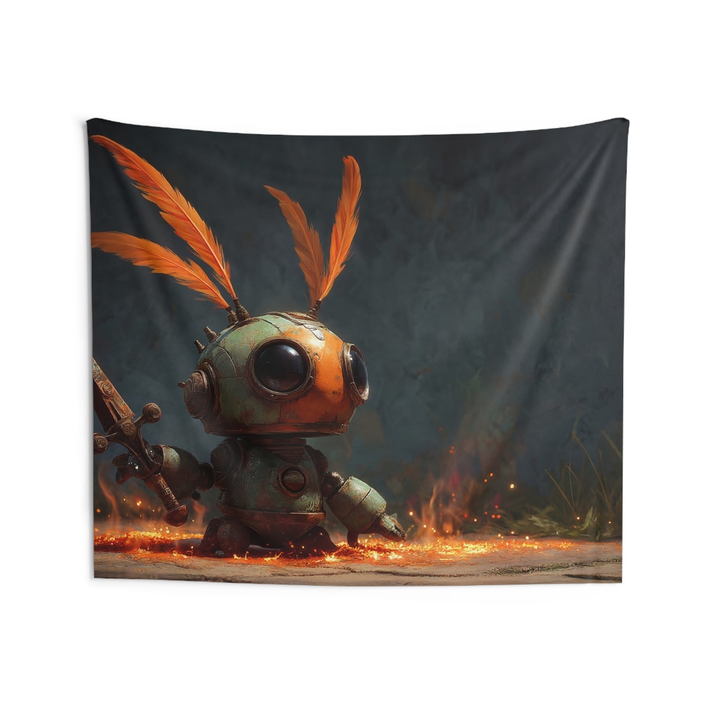 Feathery Robot Sentinel Indoor Wall Tapestries – Warm Glow in the Gloom