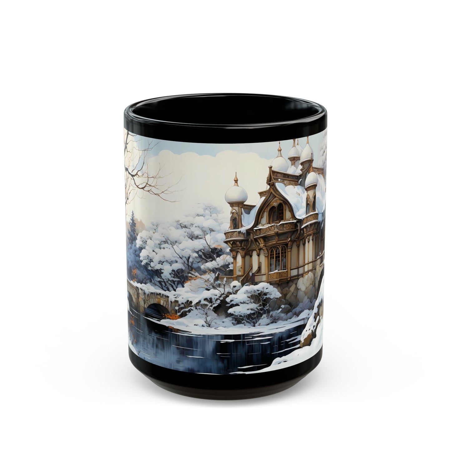 Winter Castle by the Frozen Stream Black Mug – Snow-Capped Dreamscape
