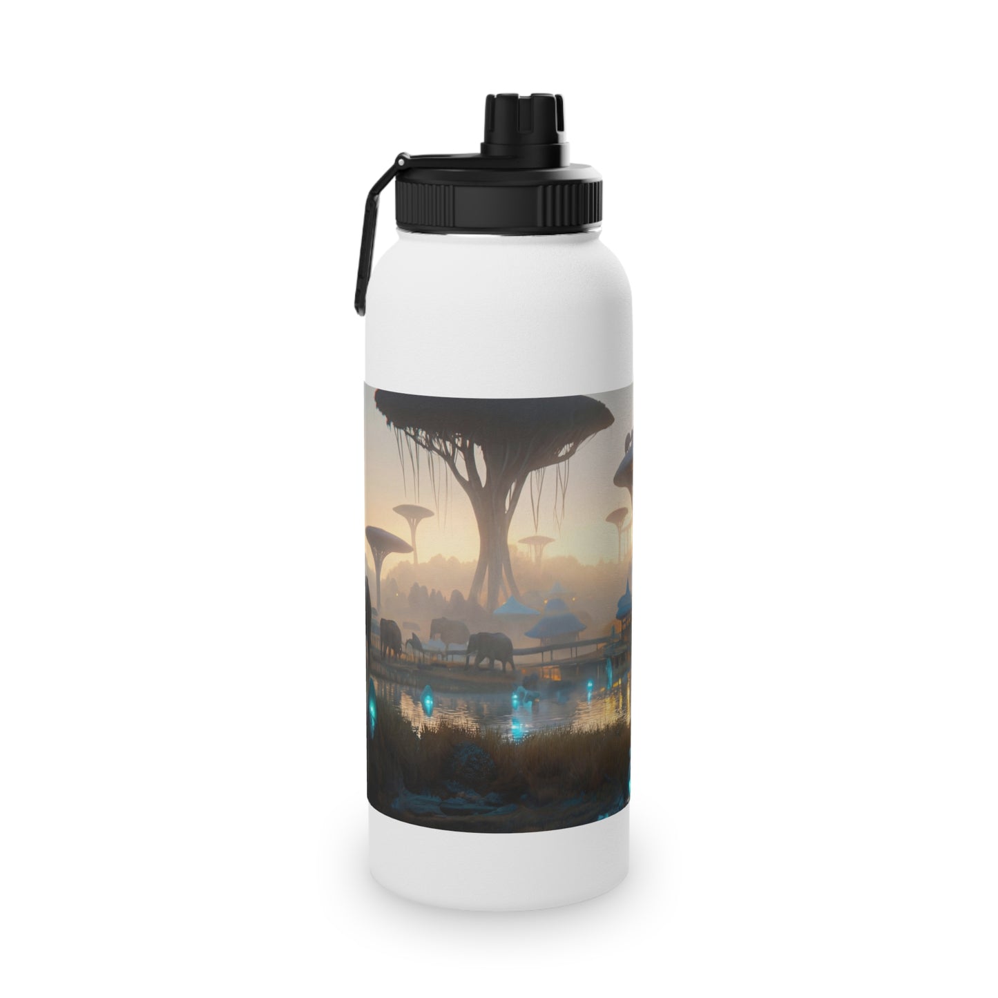 Elephants of the Bio-Luminescent Savanna Stainless Steel Water Bottle, Sports Lid – Twilight Oasis