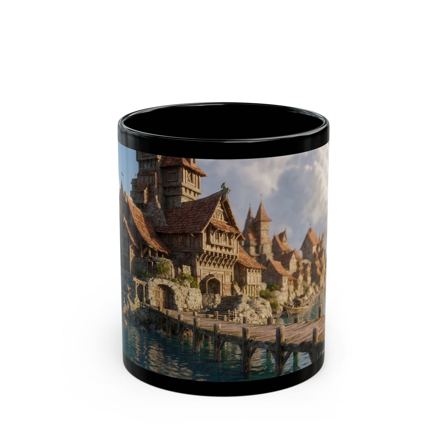 Harbor’s Whisper Black Mug – Sunset Coastline Village Dreamscape