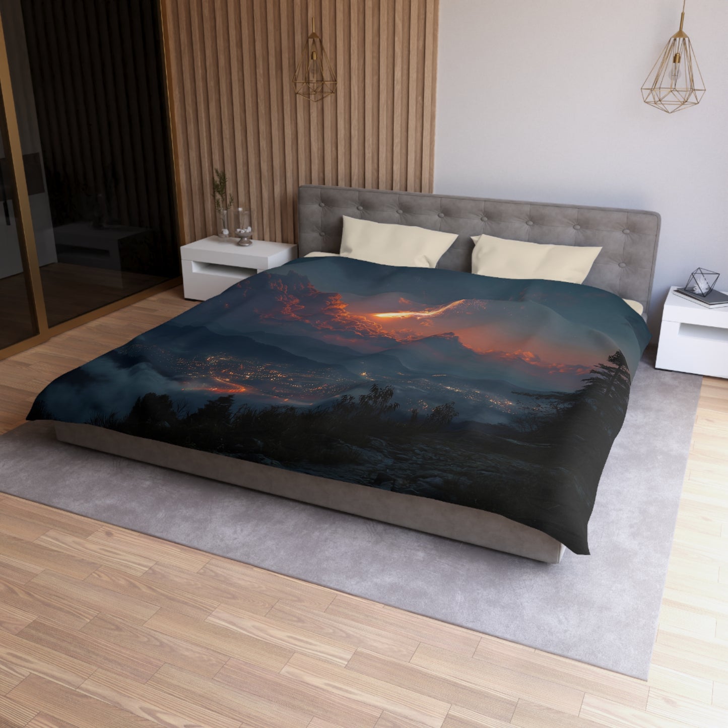 Meteor Firefall Microfiber Duvet Cover – Twilight Mountain Cityscape