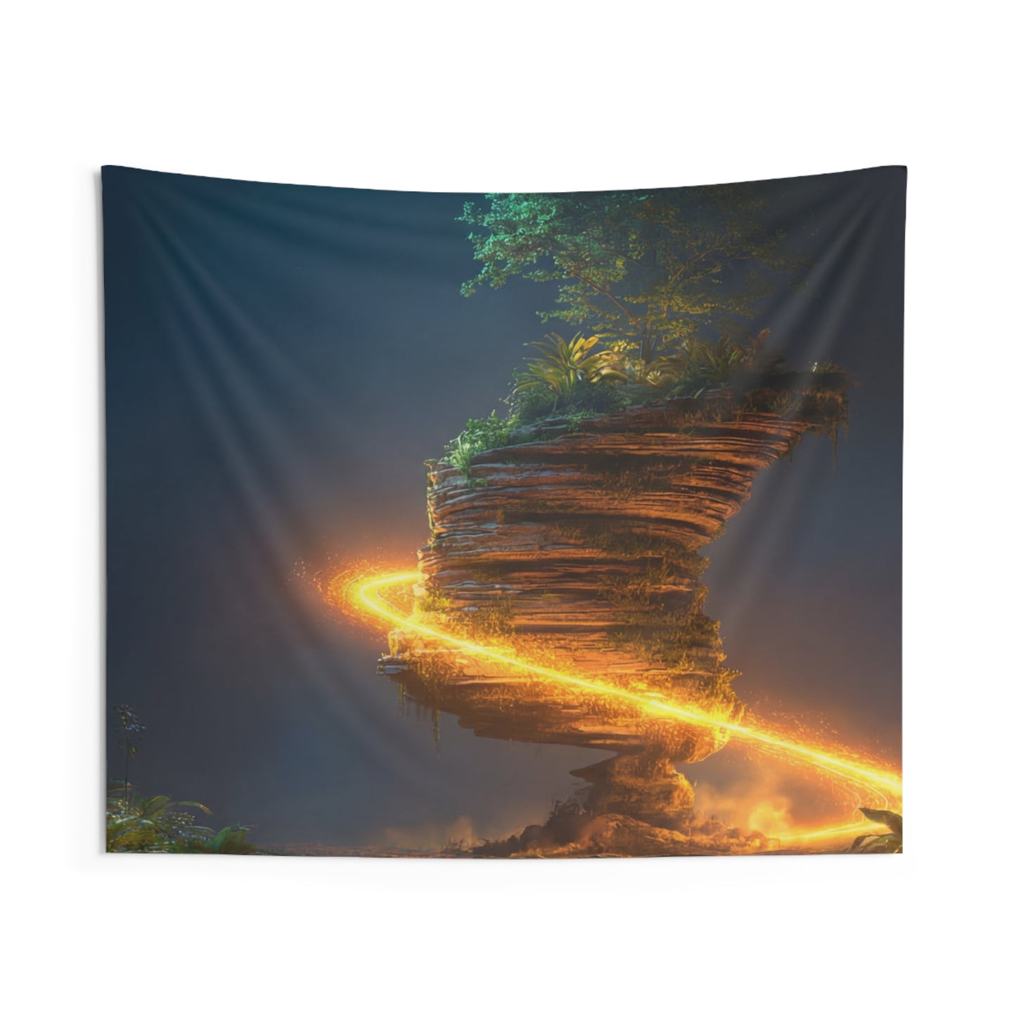 Floating Island Treehouse Tapestry – Celestial Glow Through Twilight Jungle