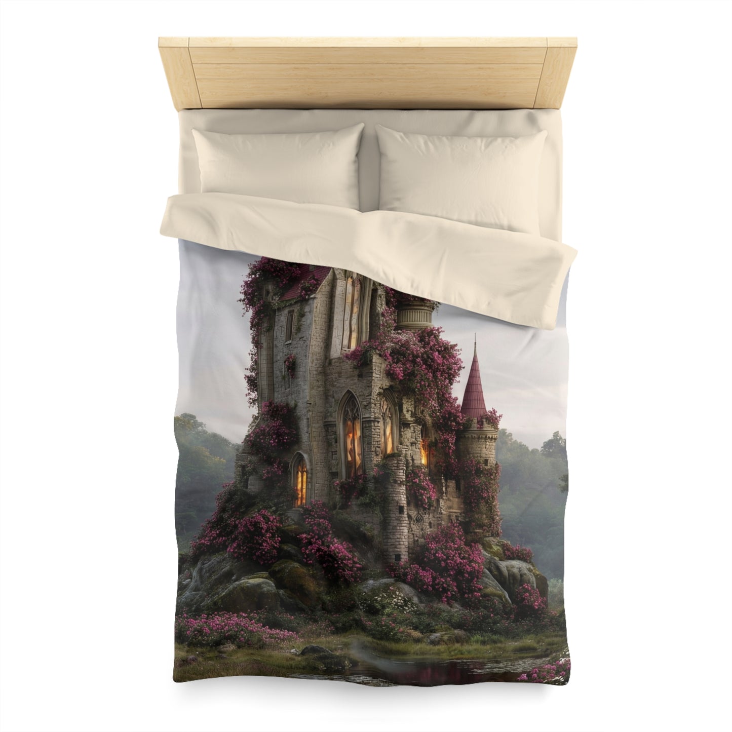 Rose-Covered Castle Microfiber Duvet Cover – Whispers of the Misty Vale
