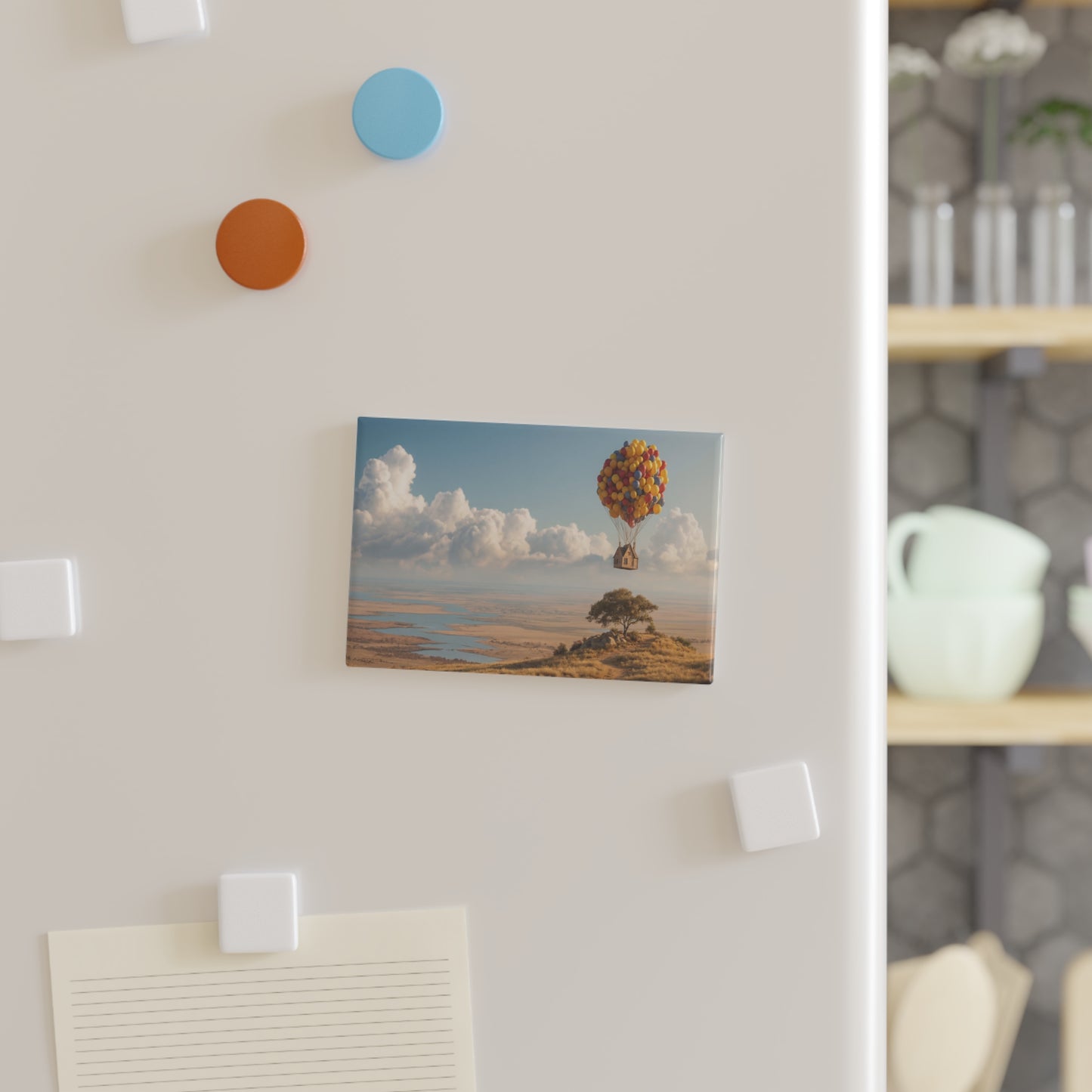 House on Balloons Button Magnet, Rectangle (1 & 10 pcs) – Skyward Escape Over Golden Hills
