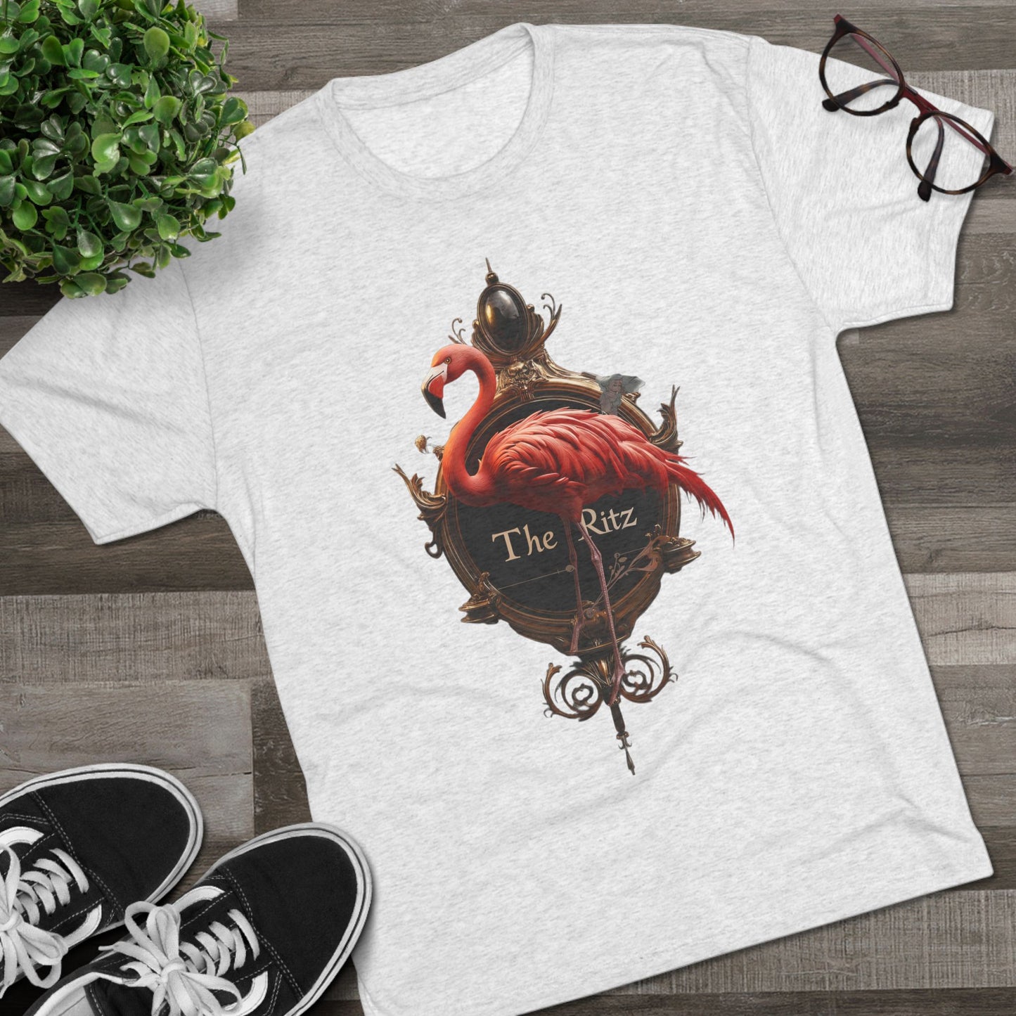 The Ritz Flamingo Sign Tri-Blend Crew Tee – Velvet Gold and Crimson Crest