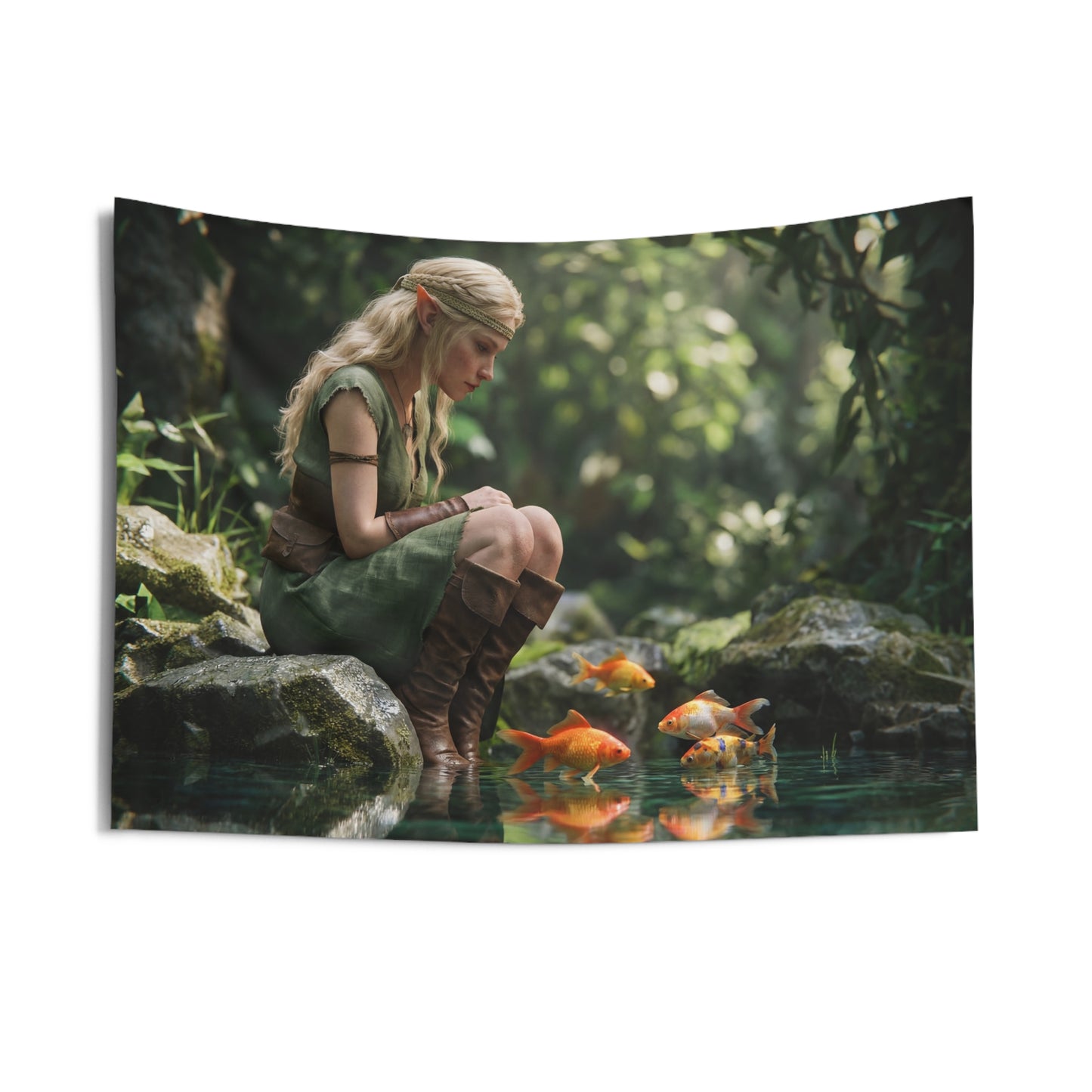 Elven Whisperer Indoor Wall Tapestries – Golden Fish Serenade in Mossy Glen