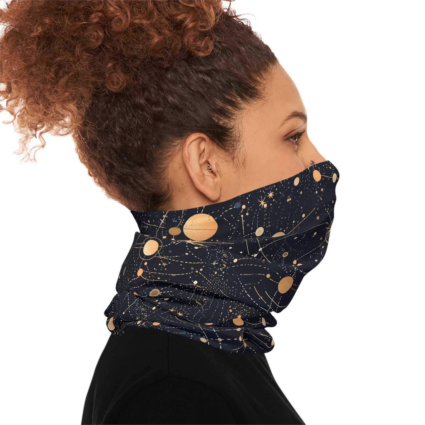 "A detailed star map pattern with constellations interconnected by delicate lines, using a color palette of deep indigo, midnight blue, and accents of silver and gold." - Lightweight Neck Gaiter