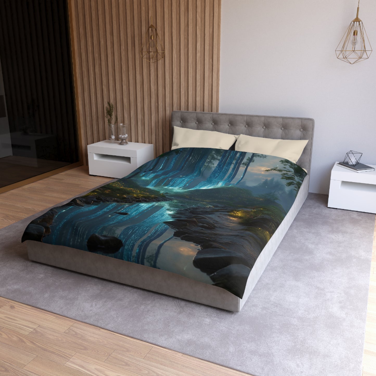 Celestial Waterfall Forest Microfiber Duvet Cover – Azure Light Reverie