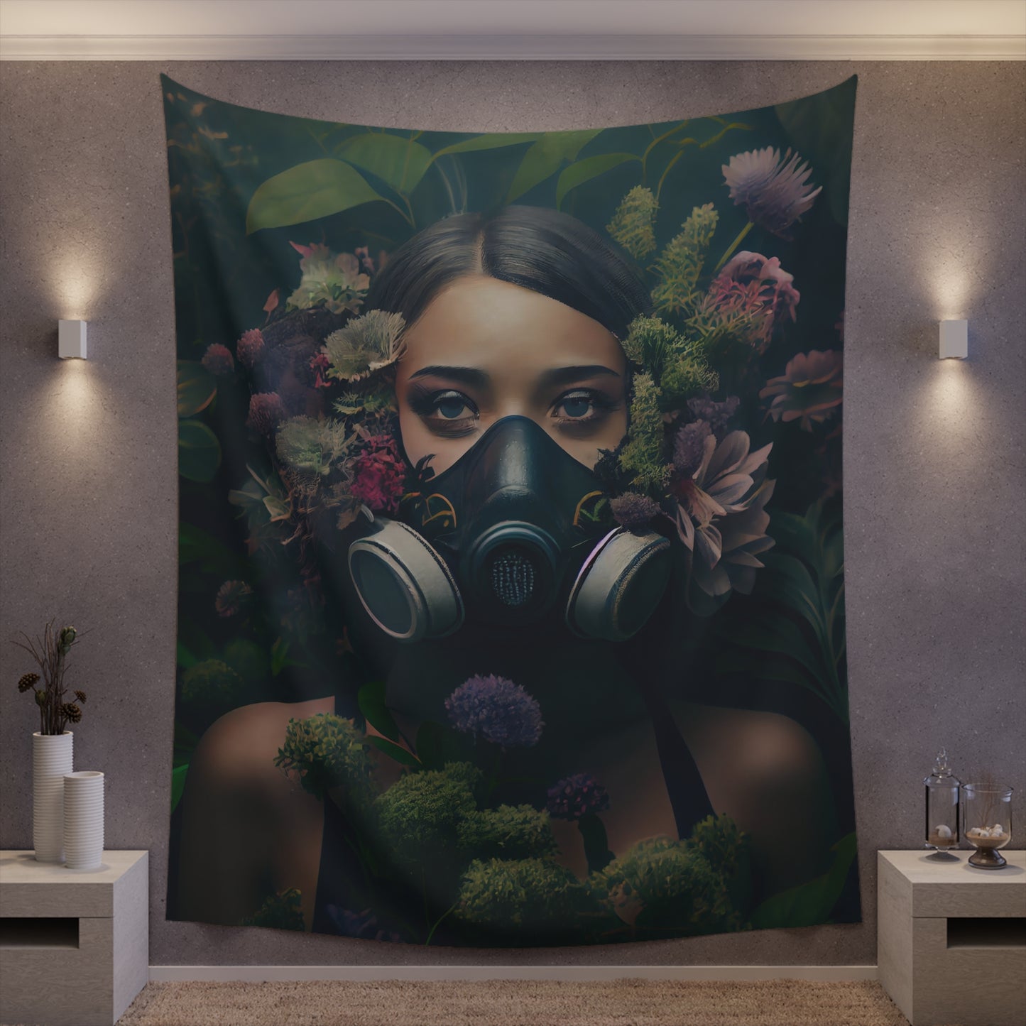 a beautiful woman wearing a gas mask filled with plants and flowers and moss - Printed Wall Tapestry