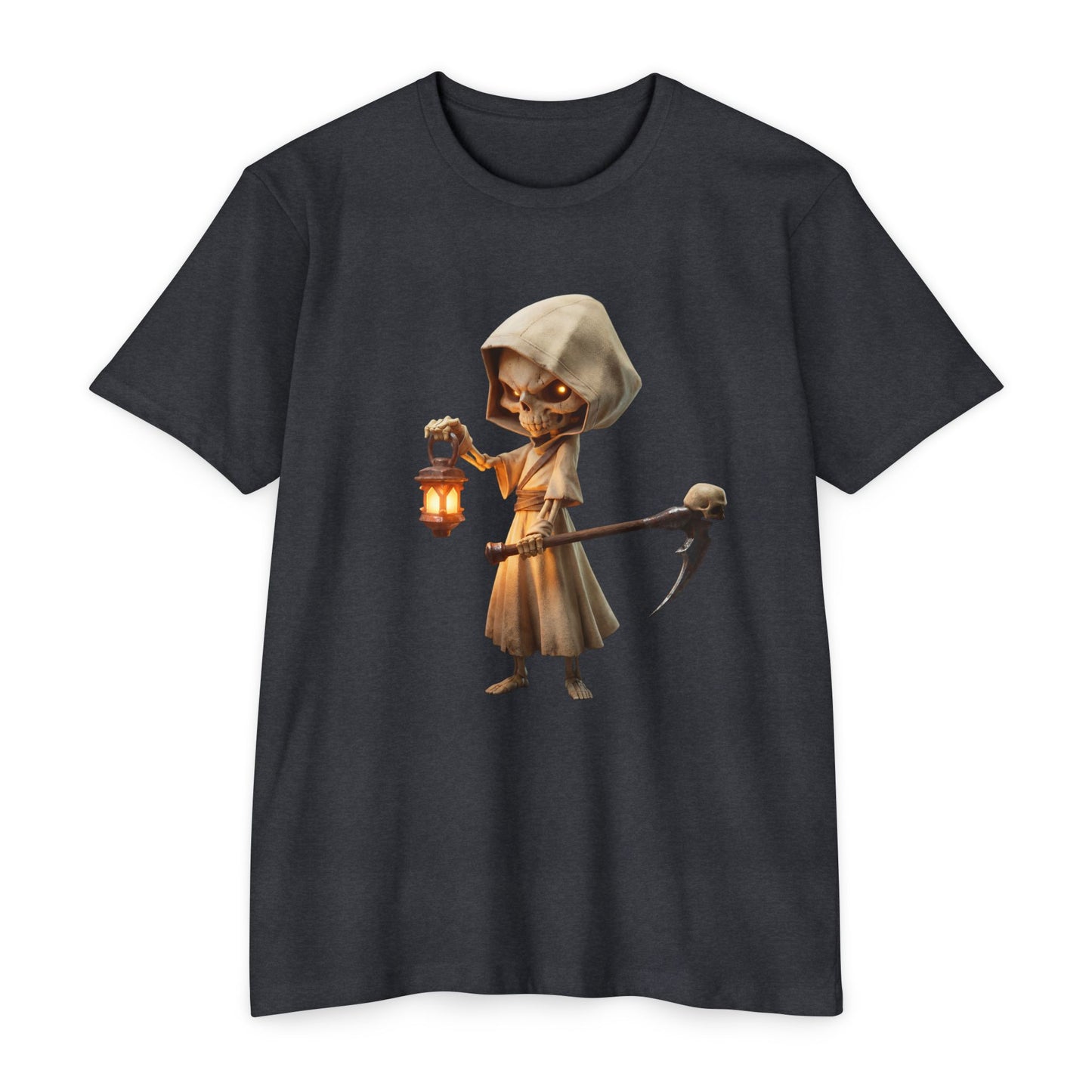 Lantern-Bearing Grim Reaper T-shirt – Hooded Sentinel with Scythe