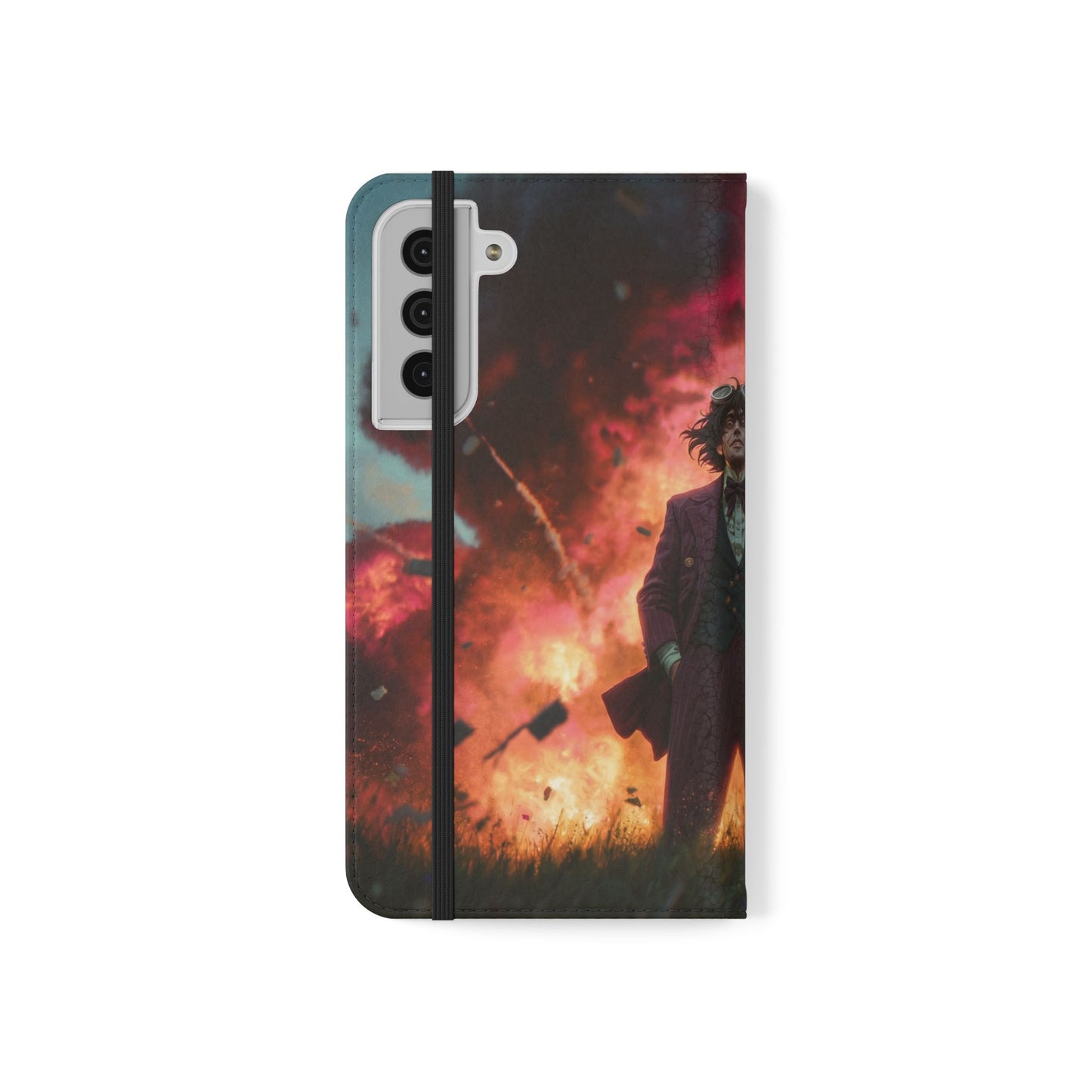 Goggles & Chaos Flip Cases – Purple Suit Amidst Fiery Explosion